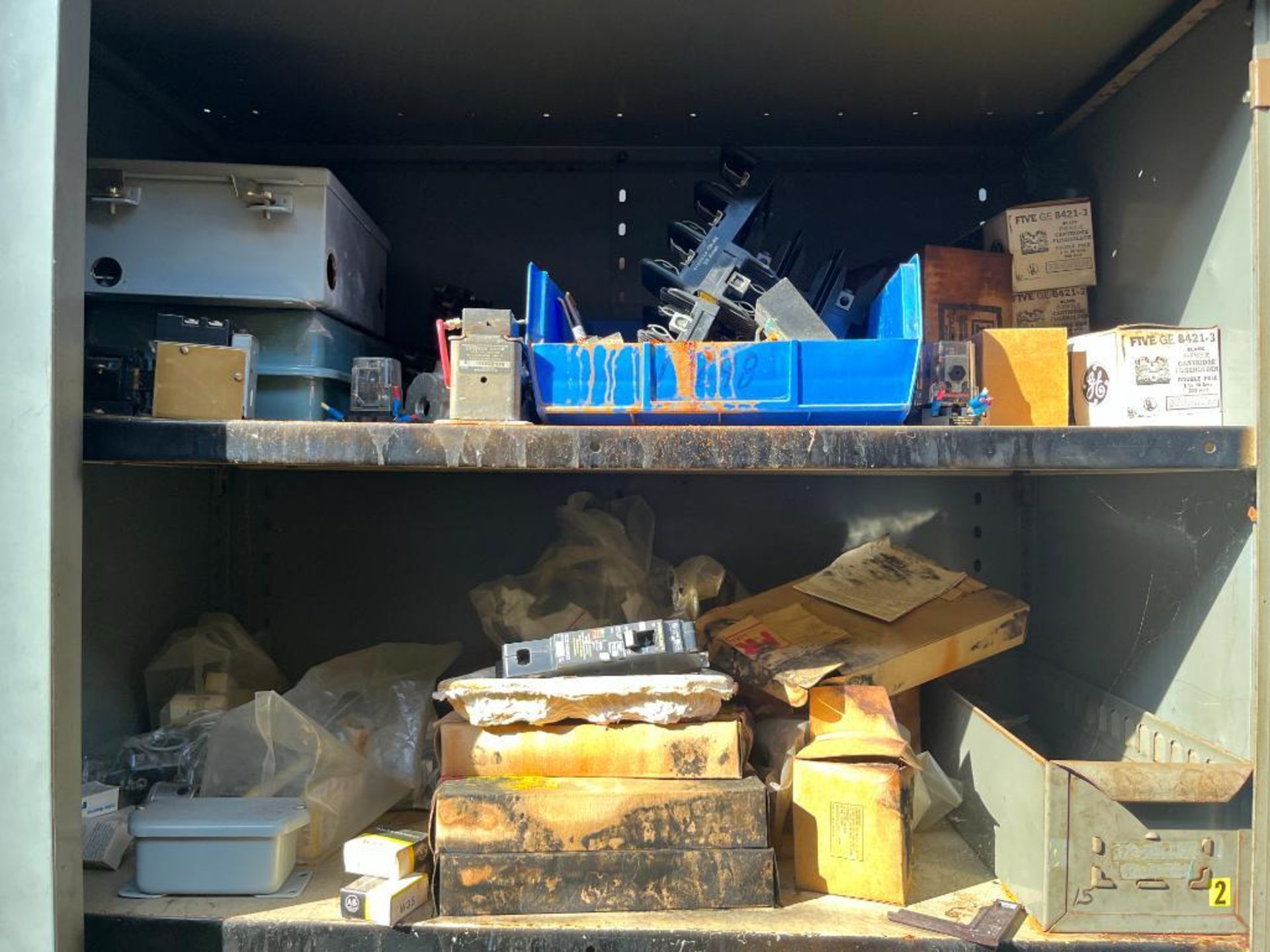 Large Quantity of Breakers, Switches, Light bulbs, Batteries, & (3) Steel Cabinets - Image 17 of 19