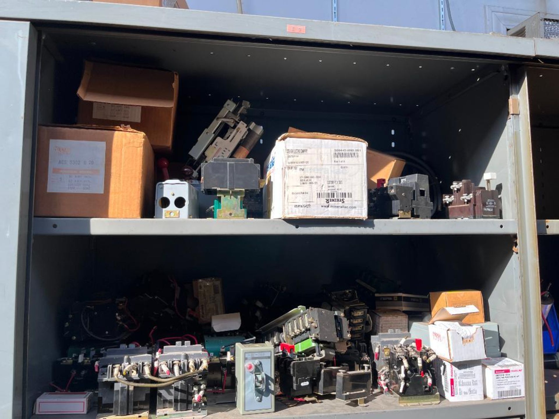 Large Quantity of Breakers, Switches, Light bulbs, Batteries, & (3) Steel Cabinets - Image 11 of 19
