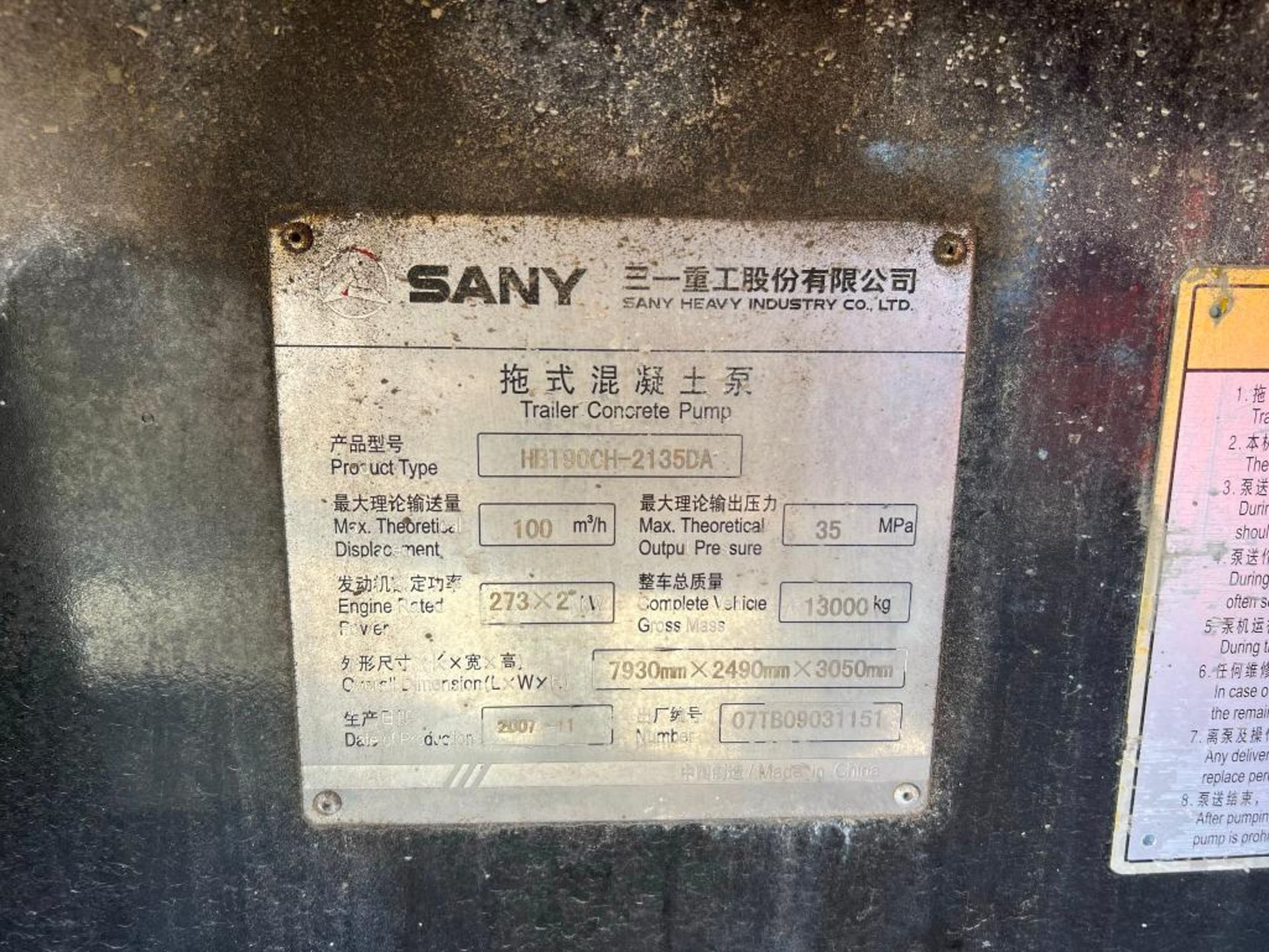 Sany Trailer Mounted High Pressure Concrete Pump Model HBT90CH2135DA, S/N 07TB09031151 (2007), Dual - Image 9 of 16