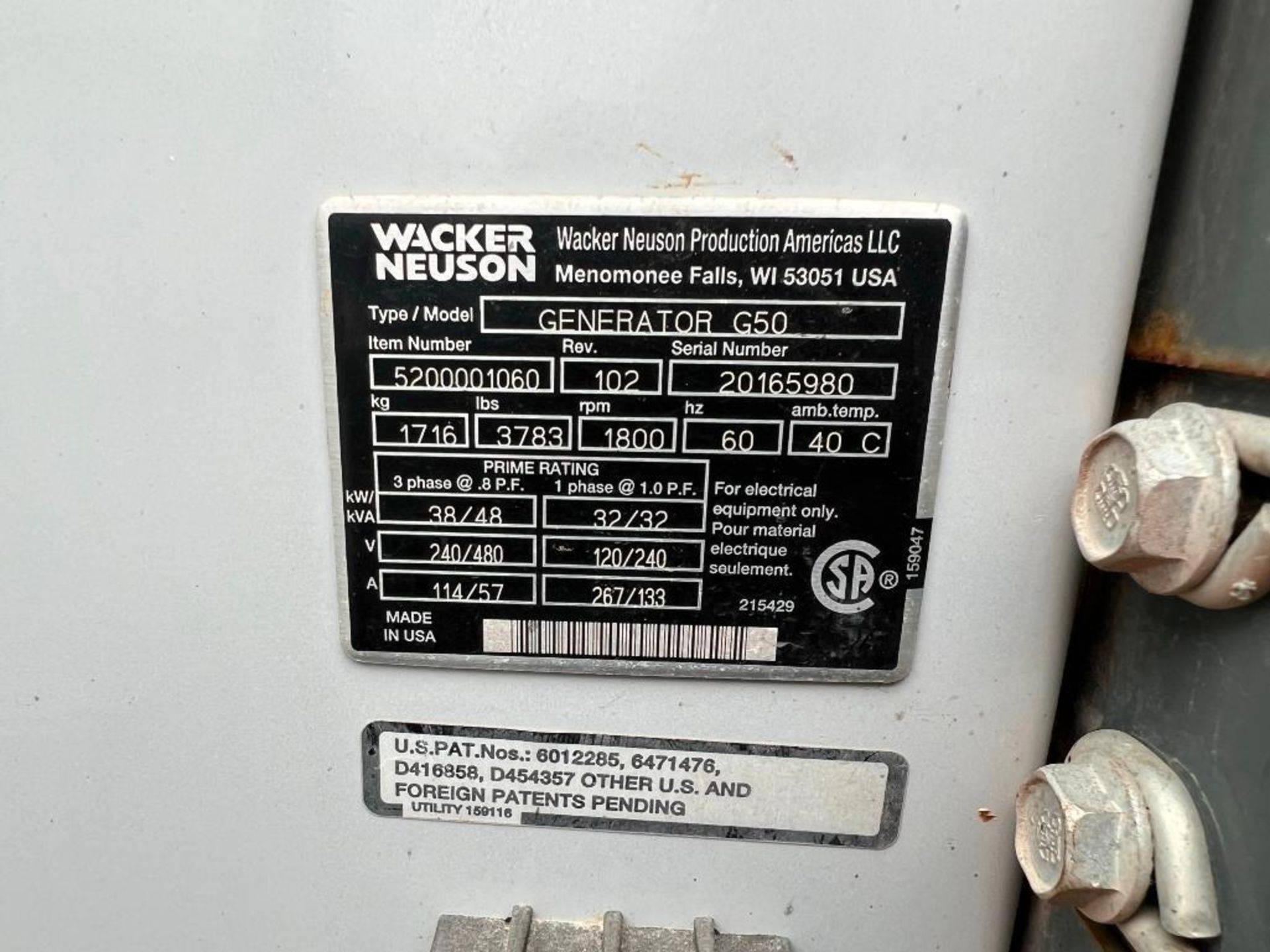 Wacker Neuson Trailer Mounted 48 KVA Generator Model G50 - Image 5 of 6