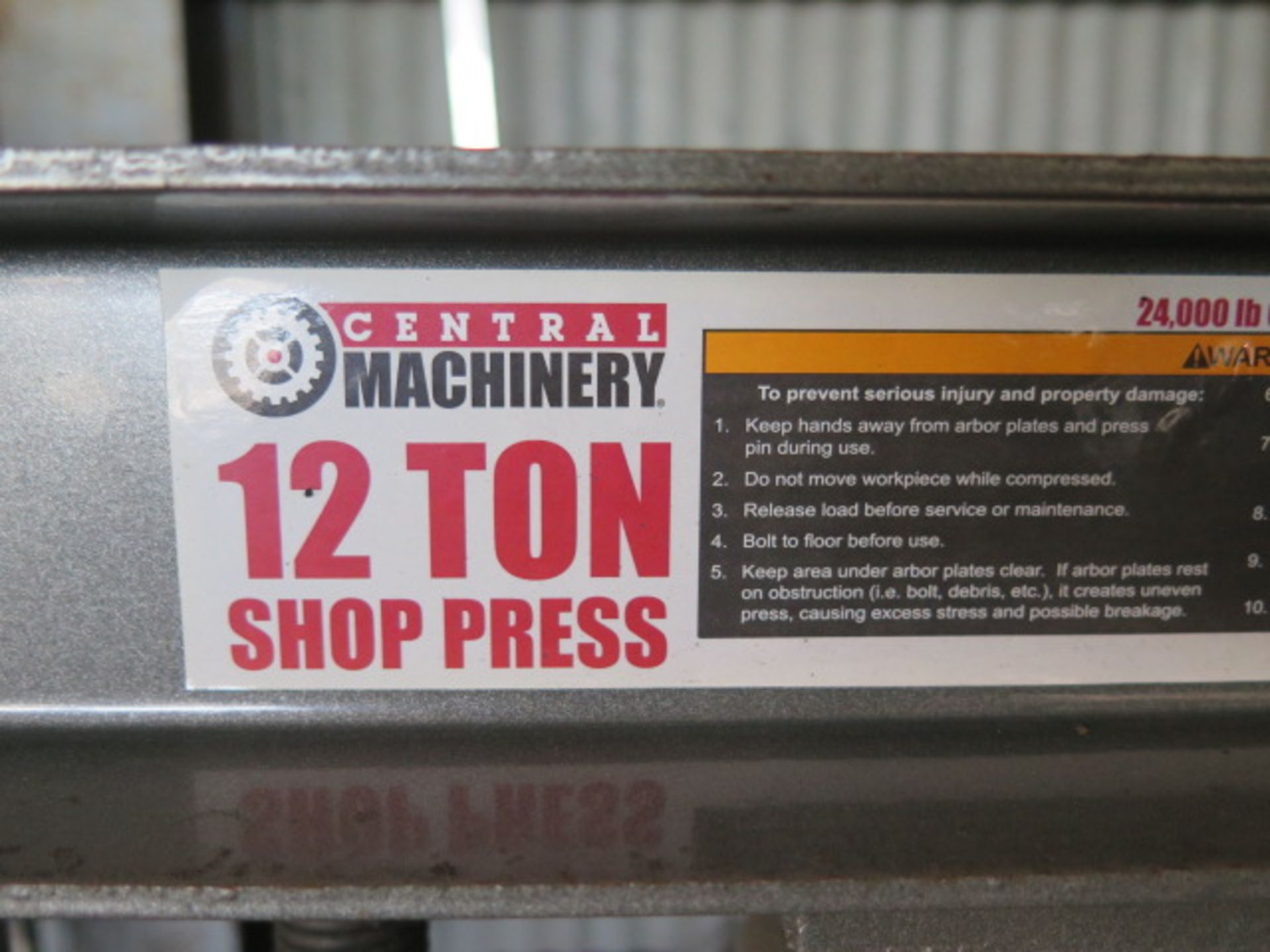 Central Machinery 12-Ton Hydraulic H-Frame Press (SOLD AS-IS – NO WARRANTY) - Image 6 of 6