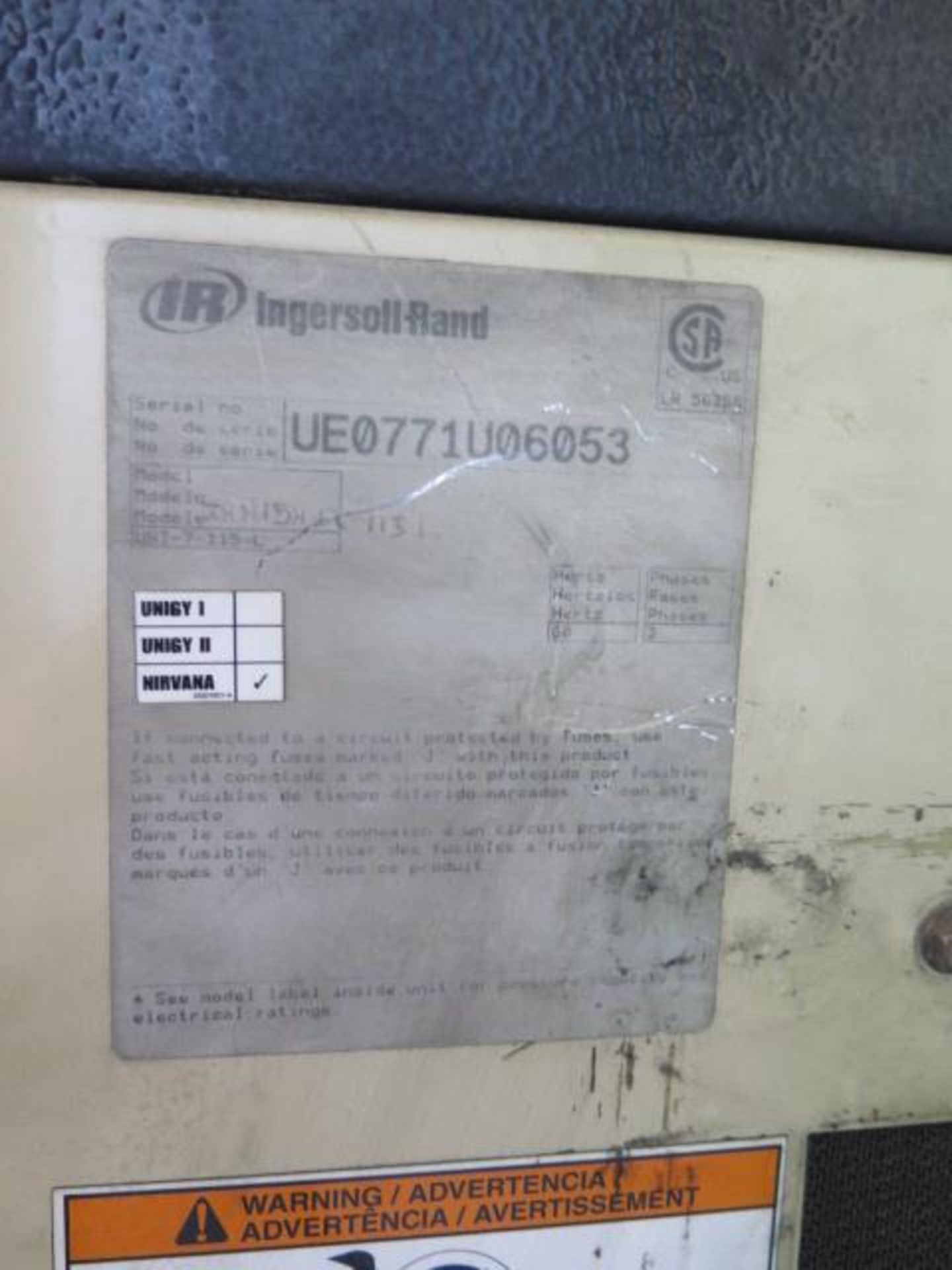 Ingersoll Rand mdl. UNI-7-115-L 7Hp Rotary Air Compressor s/n UE0771U06053 w/ 80 Gallon, SOLD AS IS - Image 7 of 7