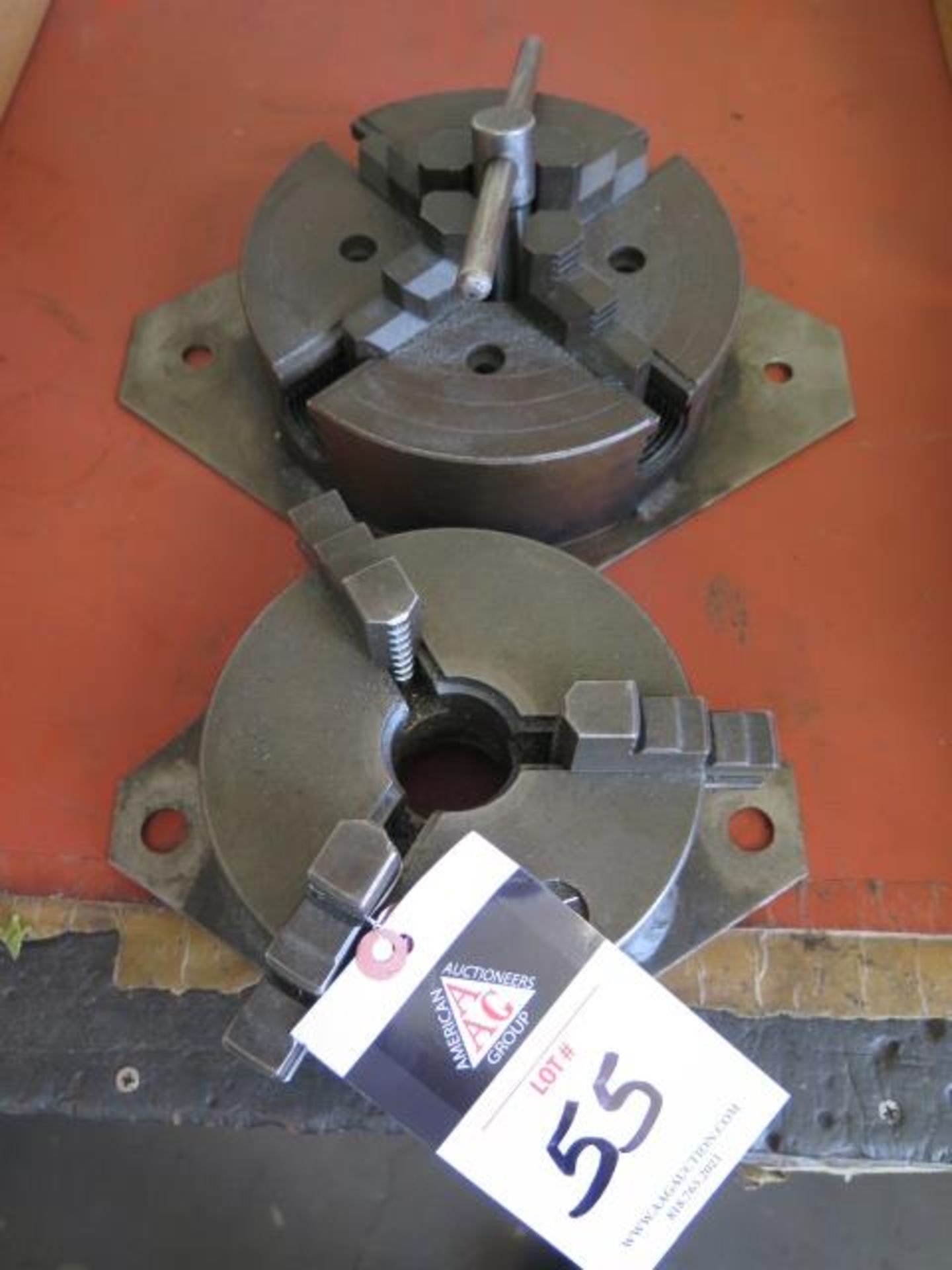 8" 4-Jaw and 6" 3-Jaw Chucks (2) W/ Mounting Plates (SOLD AS-IS - NO WARRANTY)