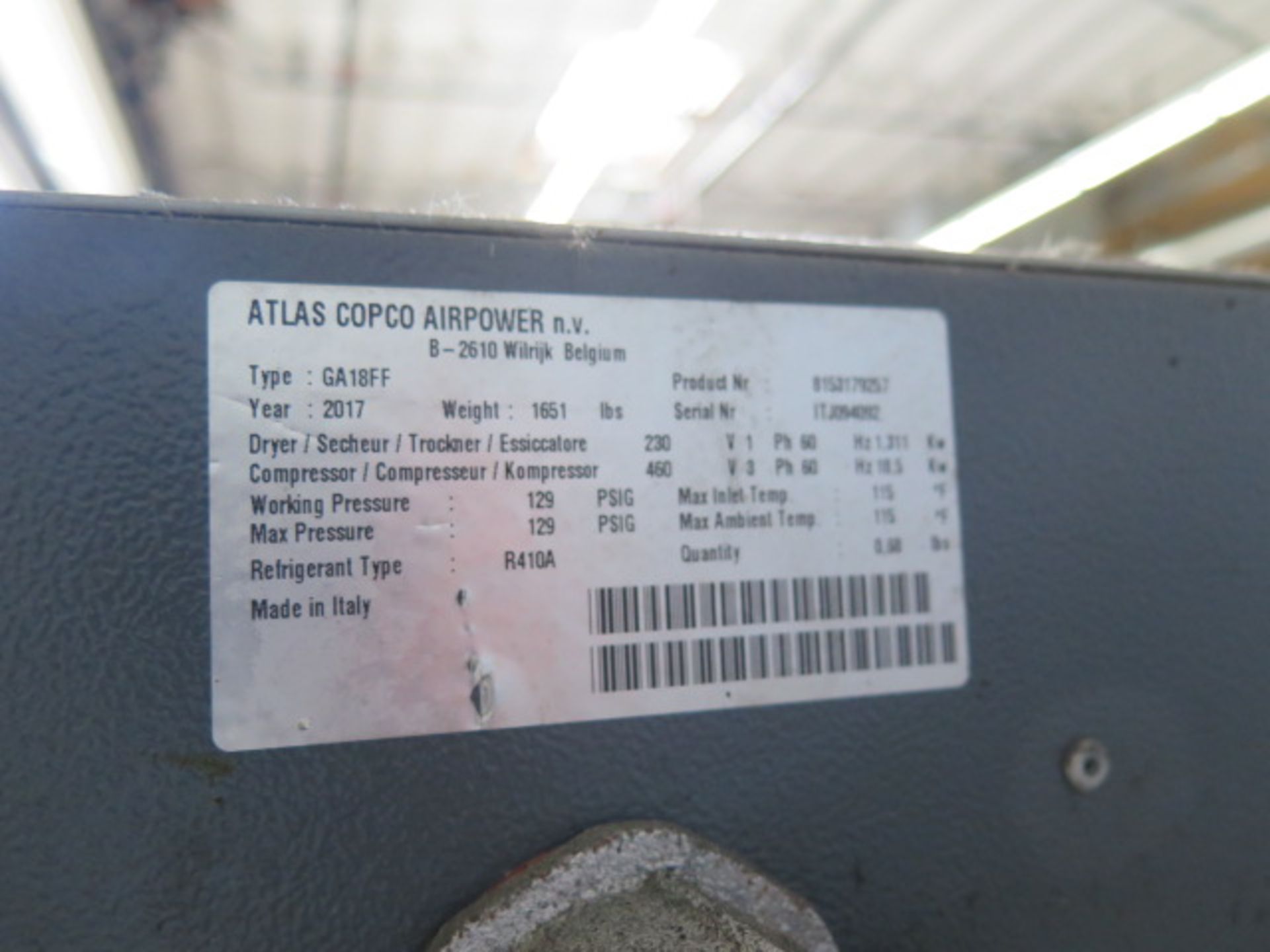 2017 Atlas Copco GA18 FF 25Hp Rotary Air Compressor s/n ITJ094092 w/ Digital Controls, SOLD AS IS - Image 7 of 7