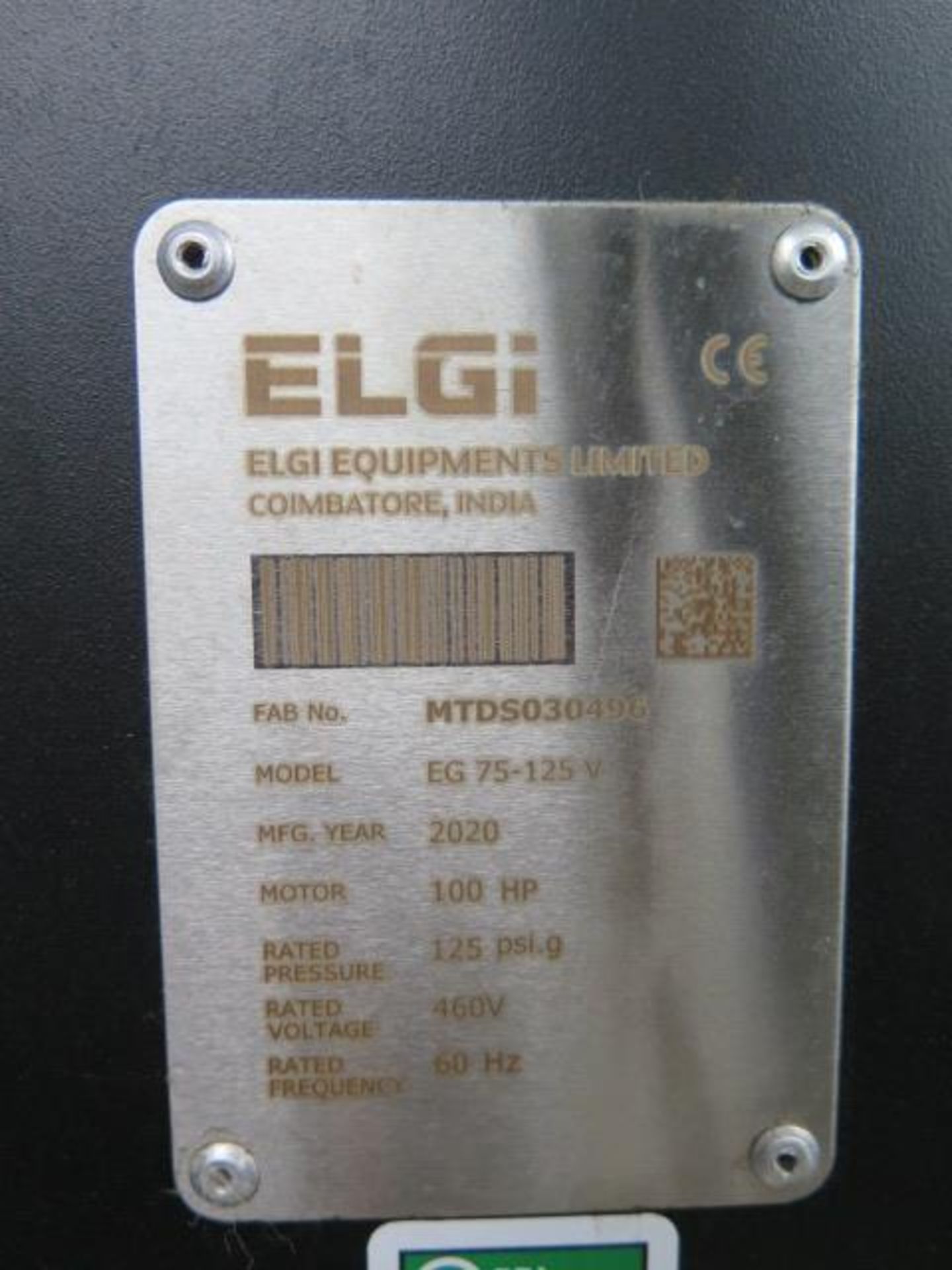 2020 Elgi EG75-125V 100Hp Rotary Air Compressor s/n MTDS030496 w/ ELGi Neuron III Digital,SOLD AS IS - Image 9 of 10