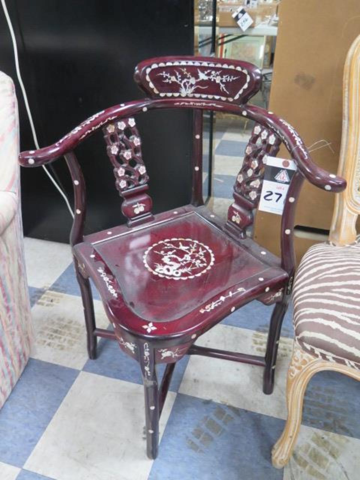 Vintage Corner Chair w/ Mother of Pearl Inlays and Vintage Style French Cane Back Chair (SOLD AS-IS - Image 2 of 10