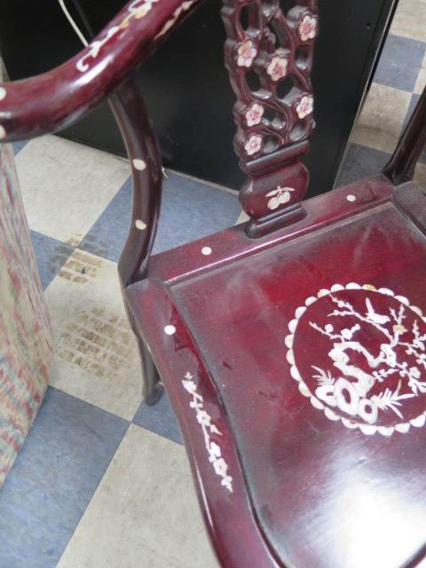 Vintage Corner Chair w/ Mother of Pearl Inlays and Vintage Style French Cane Back Chair (SOLD AS-IS - Image 6 of 10