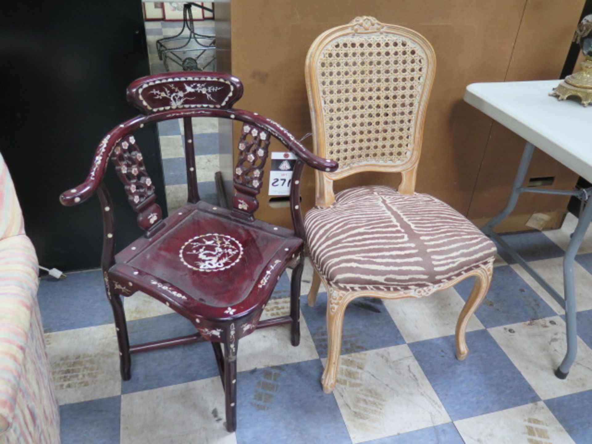 Vintage Corner Chair w/ Mother of Pearl Inlays and Vintage Style French Cane Back Chair (SOLD AS-IS