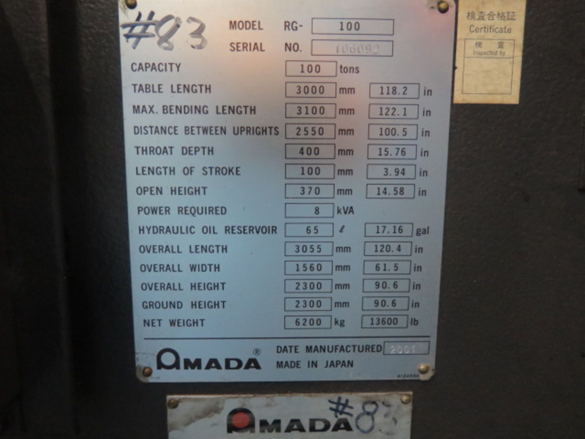Amada RG-100 100-Ton x 10' CNC Press Brake s/n 106092 w/ Amada NC9-EX II Controls, SOLD AS IS - Image 18 of 19