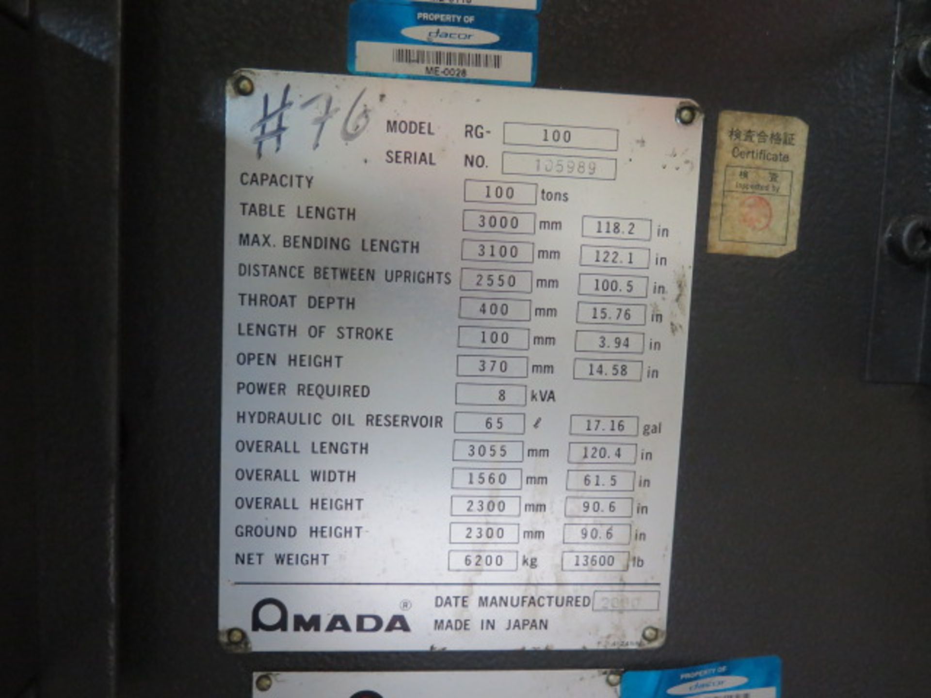 Amada RG-100 100-Ton x 10' CNC Press Brake s/n 105989 w/ Amada NC9-EX II, 118.1" Bed, SOLD AS IS - Image 16 of 17