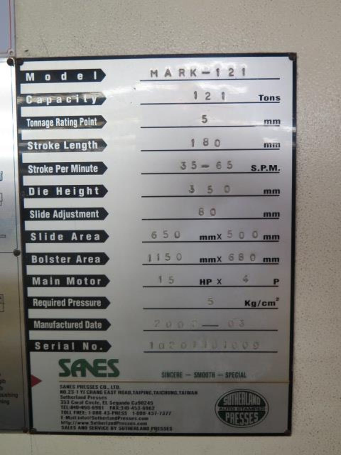 2002 Southerland MARK-121 121 Ton Gap Frame Punch Press s/n 10201101009 Wintress Control, SOLD AS IS - Image 18 of 18