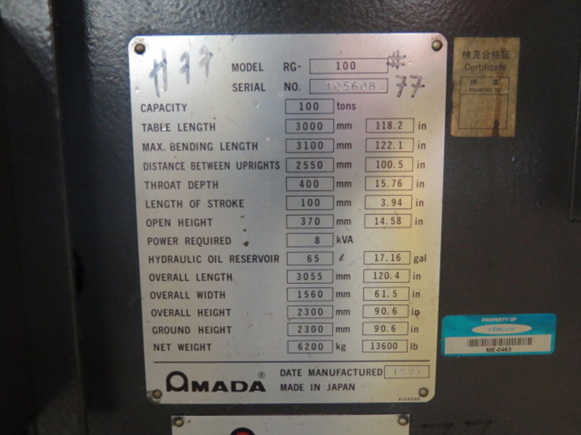 Amada RG-100 100-Ton x 10' CNC Press Brake s/n 105608 w/ Amada NC9-EX II 118.1" Bed, SOLD AS IS - Image 14 of 15