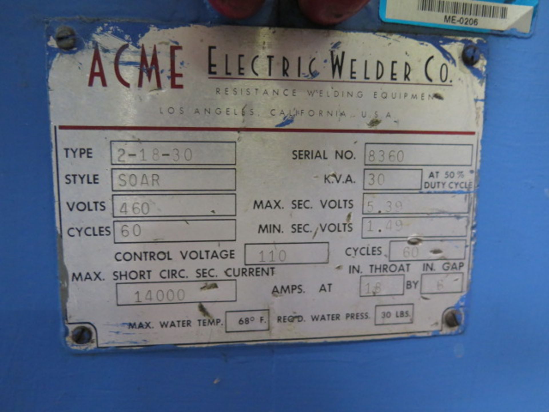 Acme Type 2-18-30 30kVA Spot Welder s/n 8360 w/ iii Resistance Welding Controls (SOLD AS-IS - NO WA - Image 10 of 10