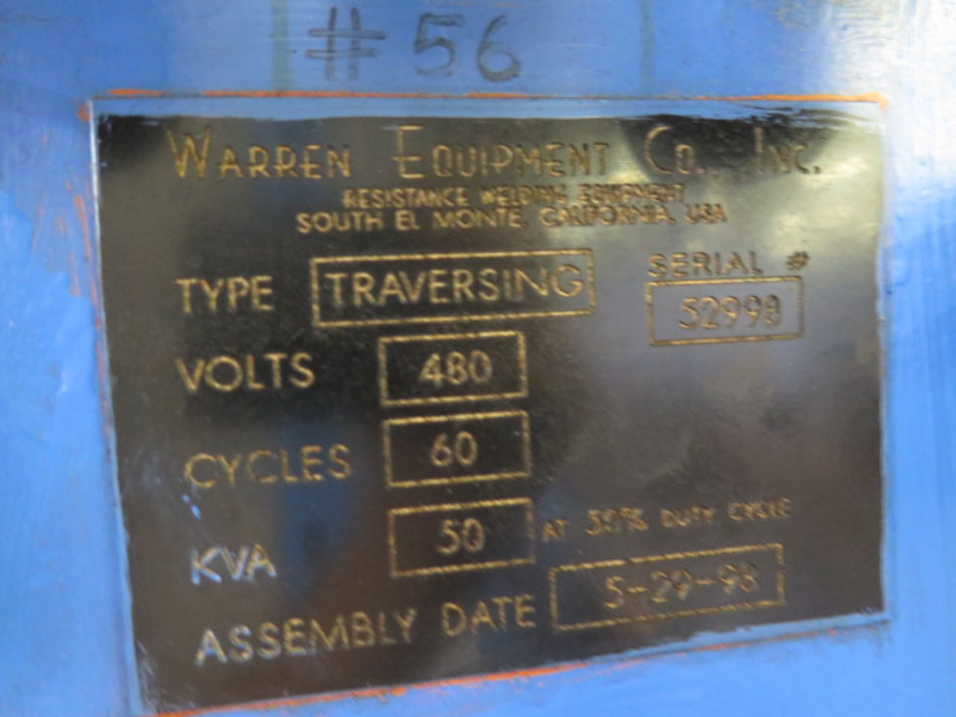 Warren Equip. 24" 50kVA Traversing Spot Welder s/n 52998 w/ iii Resis Welding Controls, SOLD AS IS - Image 13 of 13