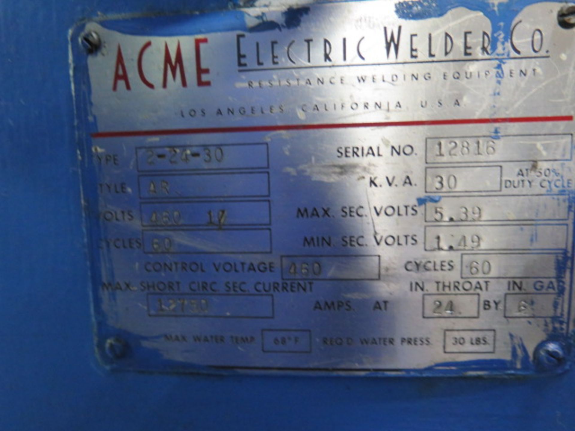 Acme Type 2-24-30 30kVA Spot Welder s/n 12816 w/ iii Resistance Welding Controls (SOLD AS-IS - NO WA - Image 9 of 9