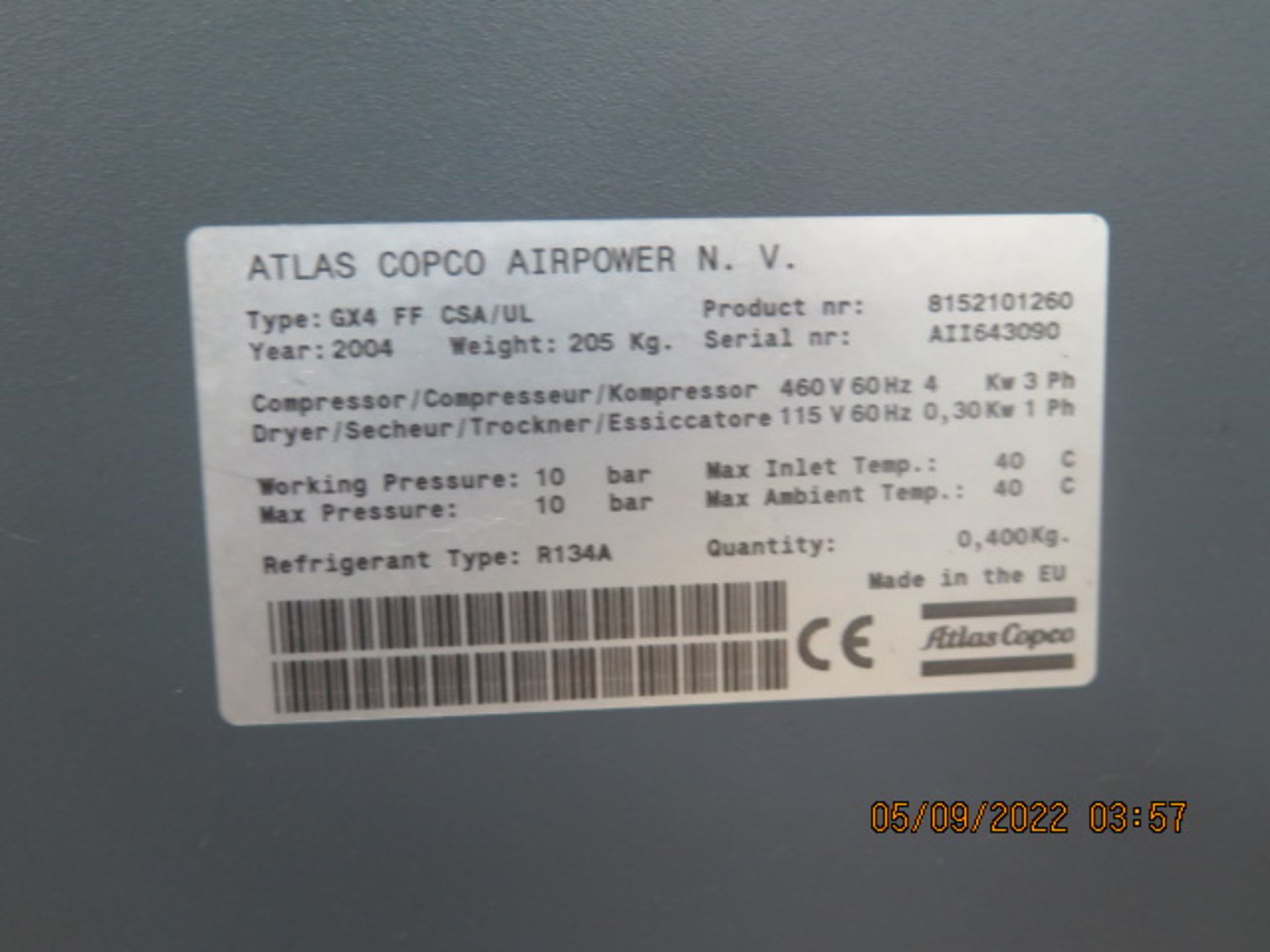 2004 Atlas Copco GX4 FF CSA/UL 5Hp Rotary Air Comp s/n AII643096 w/ Built-In Air Dryer, SOLD AS IS - Image 9 of 9
