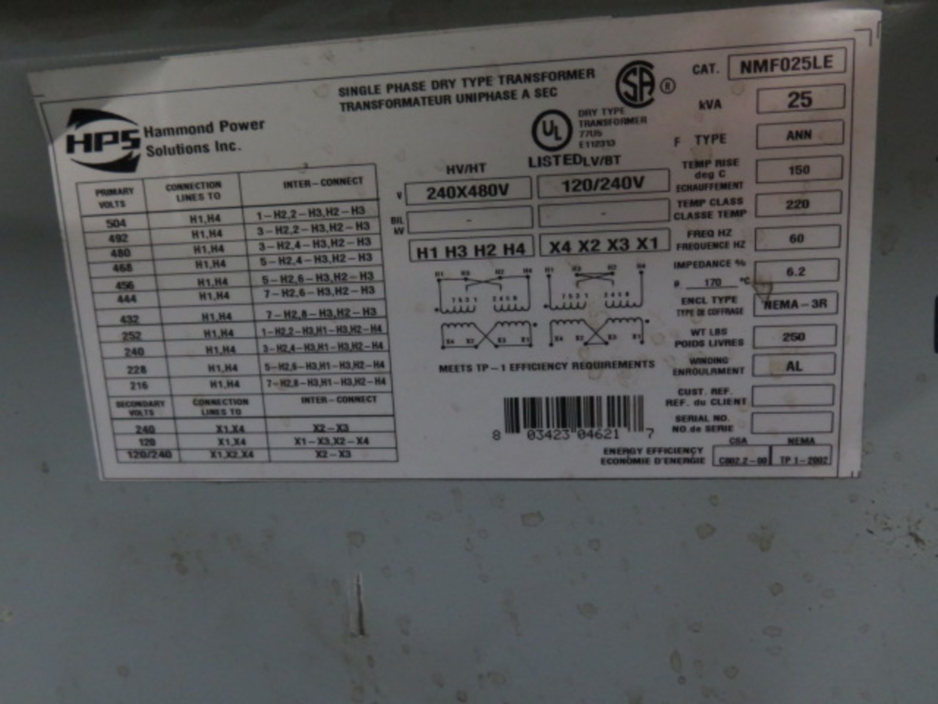 Hammond 25kVA Transformer 240X480- 120/240 (SOLD AS-IS - NO WARRANTY) - Image 3 of 3