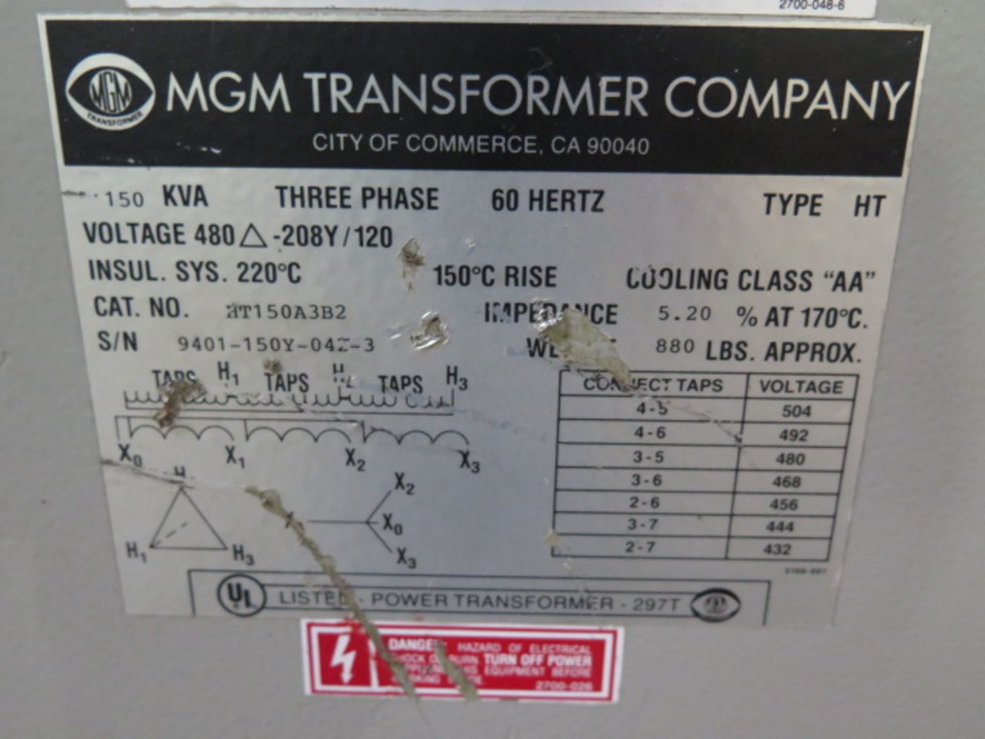 MGM 150 kVA Transformer 480-208Y/120 (SOLD AS-IS - NO WARRANTY) - Image 3 of 3