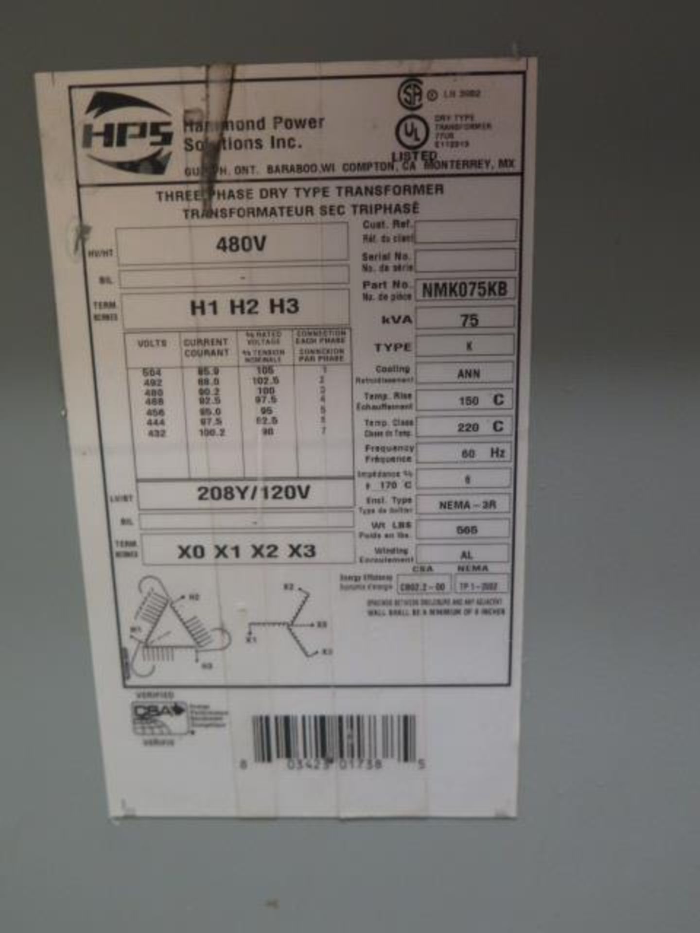 HPS 75 kVA Transformer 480-208Y/120 (SOLD AS-IS - NO WARRANTY) - Image 3 of 3