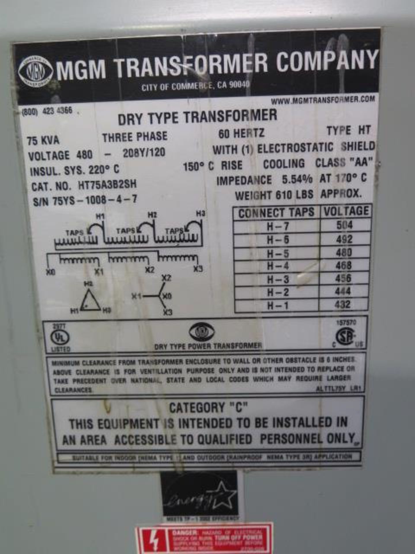 MGM 75 kVA Transformer 480-208Y/120 (SOLD AS-IS - NO WARRANTY) - Image 3 of 3