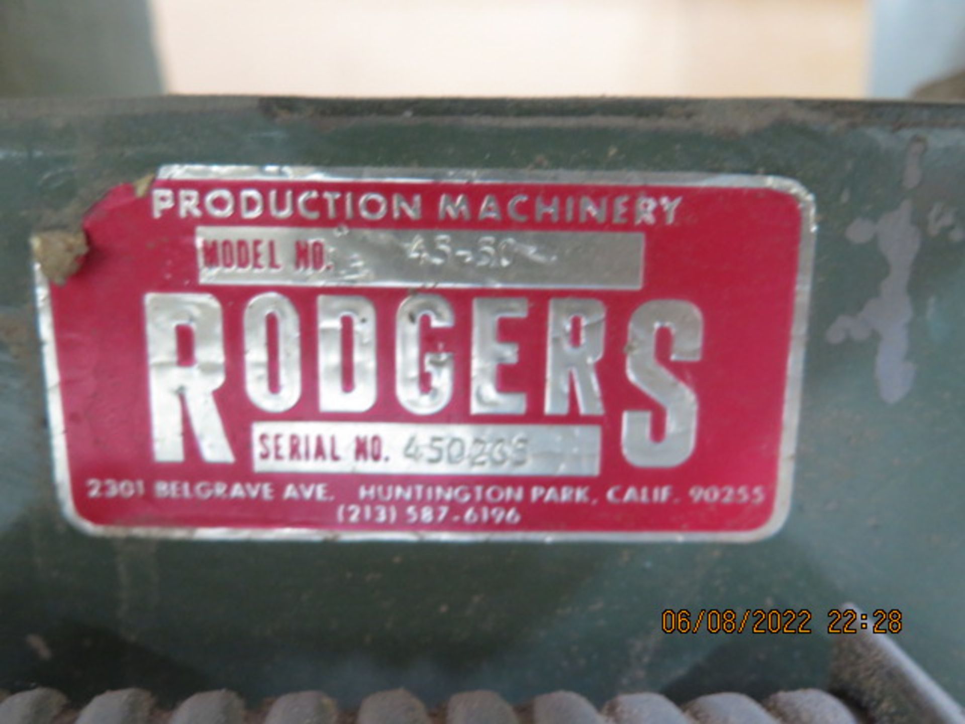 Rodgers mdl. 45-50 8” Edge Belt Sander s/n 450265 (SOLD AS-IS - NO WARRANTY) - Image 8 of 8