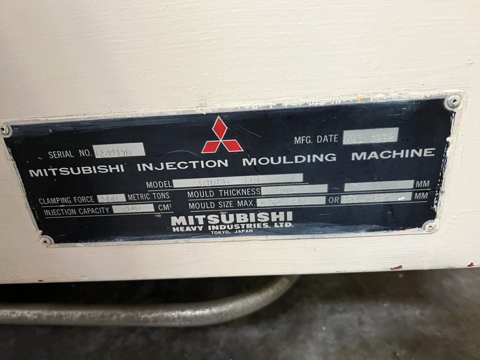 1992 MITSUBISHI MODEL 610MG-110, 610 TON PLASTIC INJECTION MOLDER, 191.6 SHOT SIZE, SOLD AS-IS - Image 14 of 14