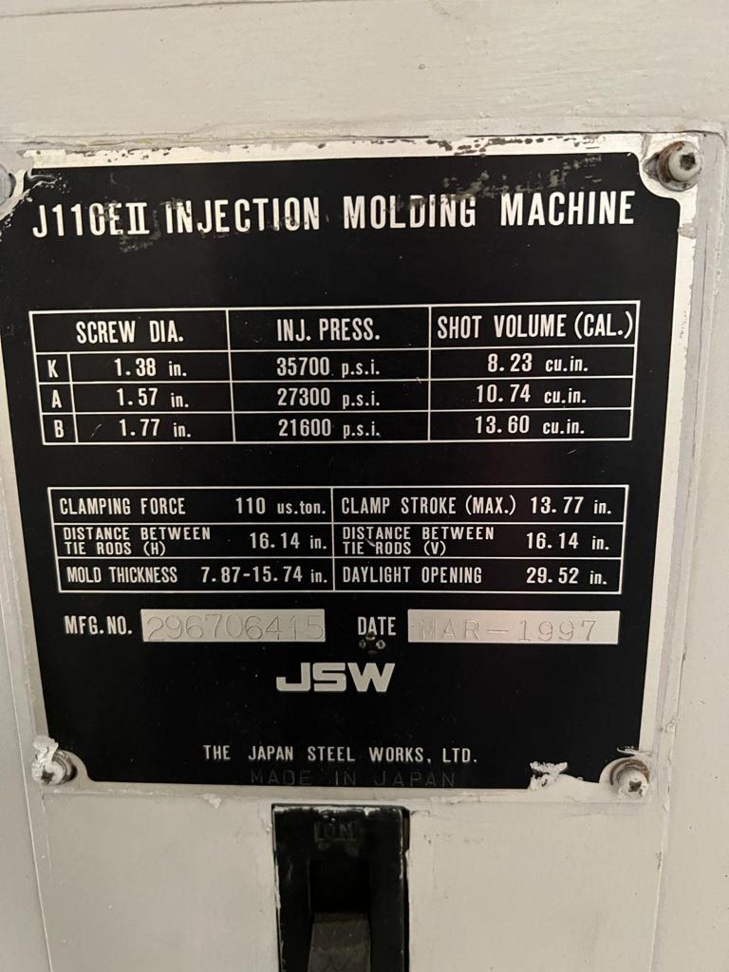 JSW MODEL 110E II, 110 TON PLASTIC INJ MOLDING MACHINE, 13.77’’ STROKE, 13.6 SHOT SIZE, SOLD AS-IS - Image 10 of 10