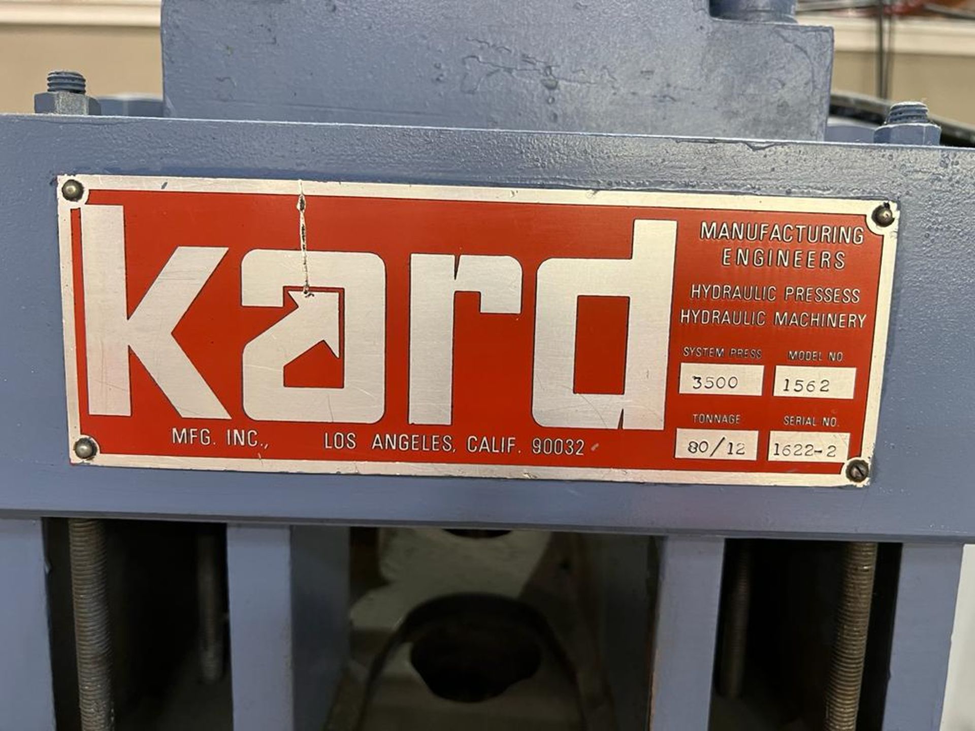 KARD MODEL 1562, 80 TON HYDRAULIC TRANSFER PRESS, SYSTEM PRESSURE 3500.(SOLD AS-IS - NO WARRANTY) - Image 5 of 5