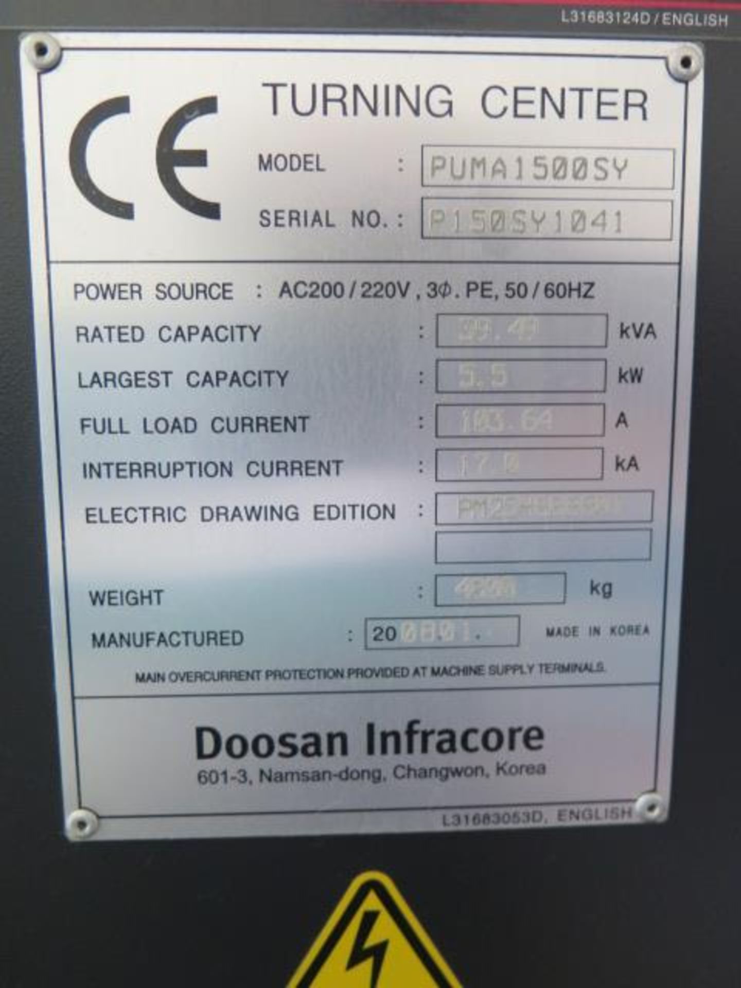 2008 Doosan PUMA 1500SY 5-Axis Twin Spindle Live Turret CNC Turning Center s/n P150SY1041,SOLD AS IS - Image 17 of 17