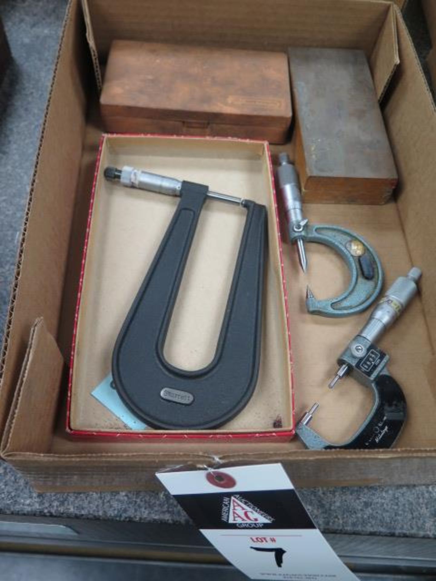 Starrett 0-1" x 6" Deep Throat OD Mic, Mitutoyo 0-1" Disc Mic, 0-1" Piont Mic and 0-1" Spline Mic (