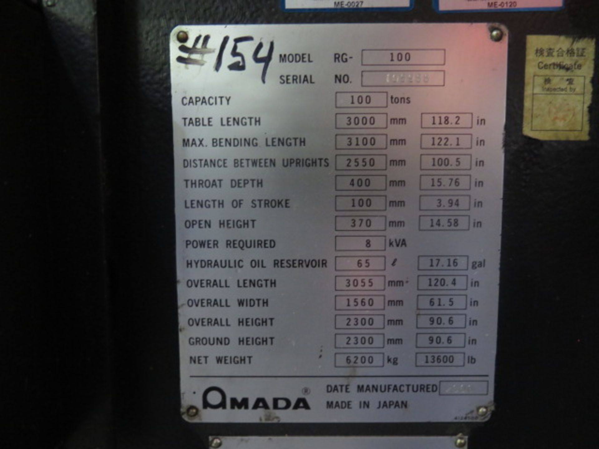 2000 Amada RG-100 100 Ton 10’ CNC Press Brake s/n 105988 w/ Amada NC9-EXII Controls, SOLD AS IS - Image 16 of 17