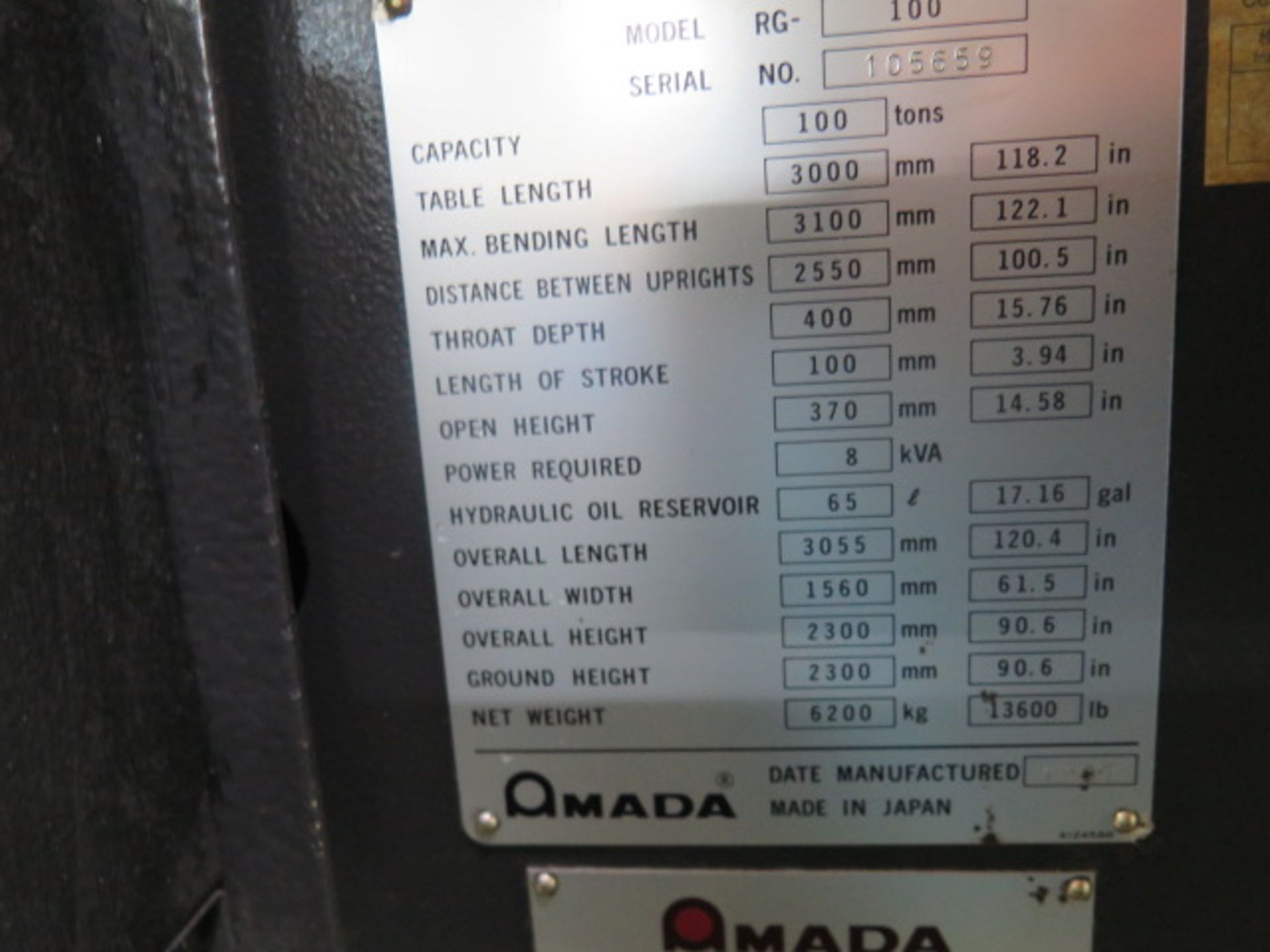 1997 Amada RG-100 100 Ton 10’ CNC Press Brake s/n 105659 w/ Amada NC9-EXII Controls, SOLD AS IS - Image 15 of 16