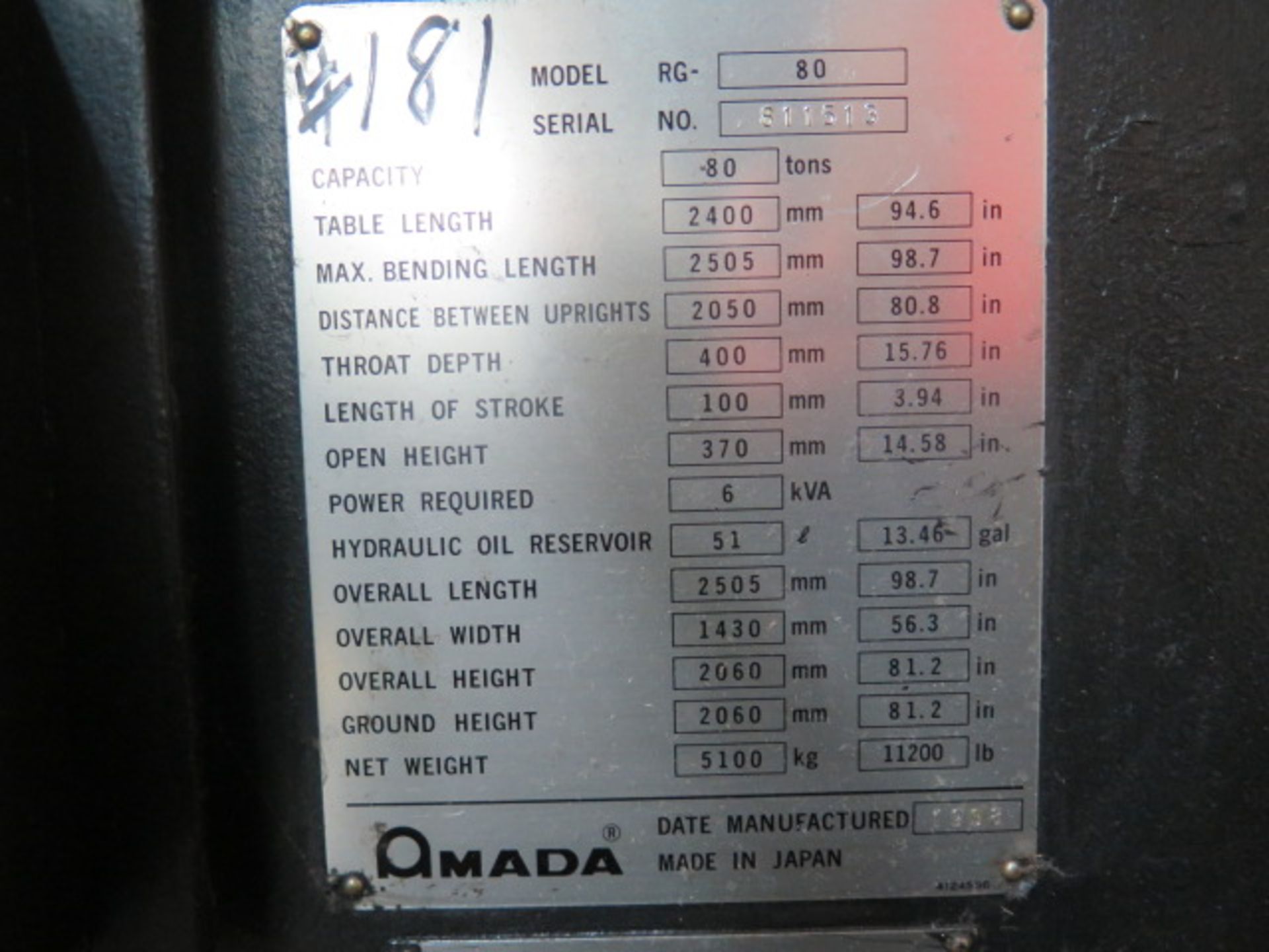 1998 Amada RG-80 80 Ton 8' CNC Press Brake s/n 811513 w/ Amada NC9-EXII Controls, SOLD AS IS - Image 16 of 17