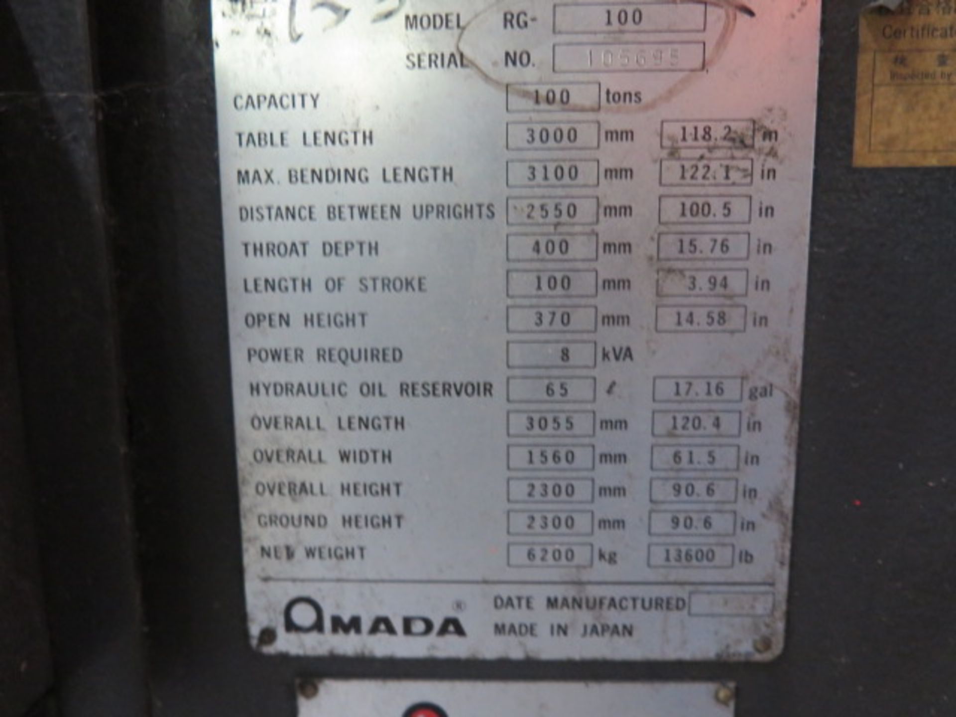 1997 Amada RG-100 100 Ton 10’ CNC Press Brake s/n 105695 w/ Amada NC9-EXII Controls, SOLD AS IS - Image 16 of 17