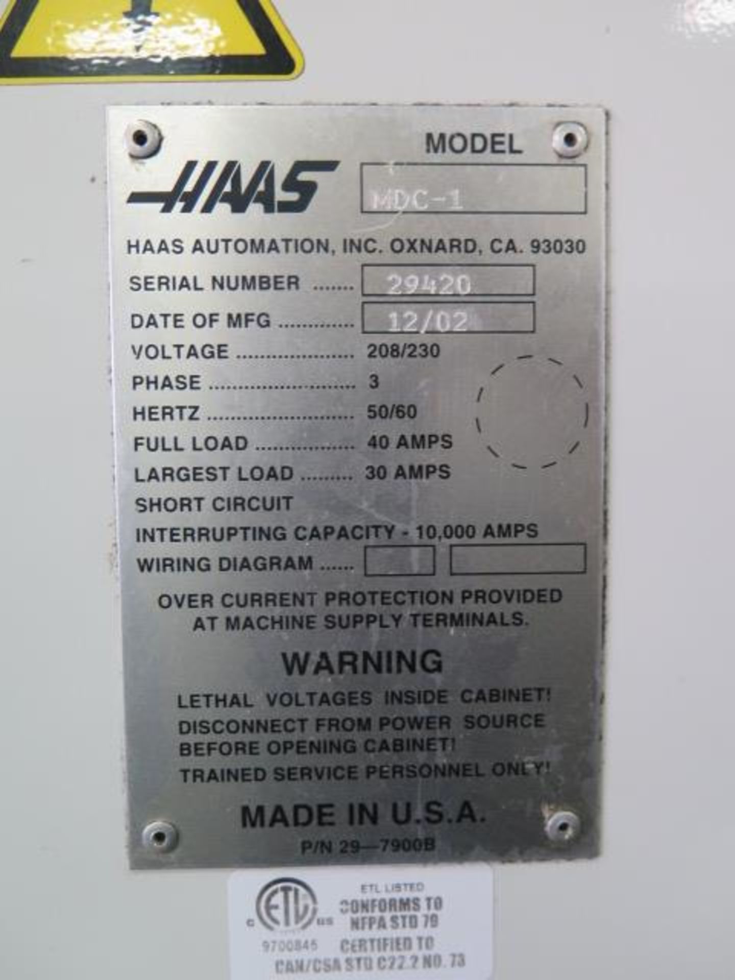 2002 Haas MDC-1 Dual Pallet CNC Milling Center s/n 29420 (Pallet Changer Needs Repair), SOLD AS IS - Image 16 of 16