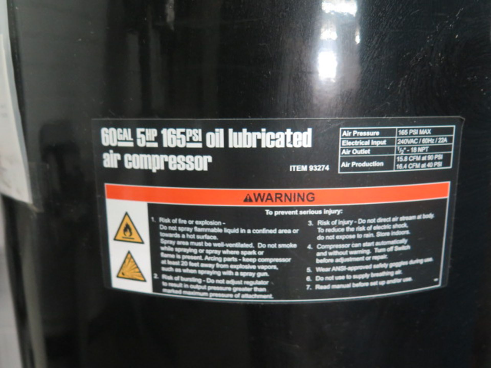 Central Pneumatic 5Hp Vertical Air Compressor w/ 60 Gallon Tank (SOLD AS-IS - NO WARRANTY) - Image 6 of 6