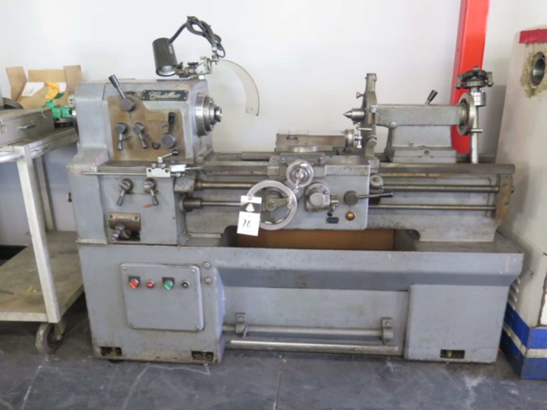 Cadillac 14" x 28" Geared Lathe w/ 83-1800 RPM, Inch Threading, Tailstock, Steady Rest, SOLD AS IS