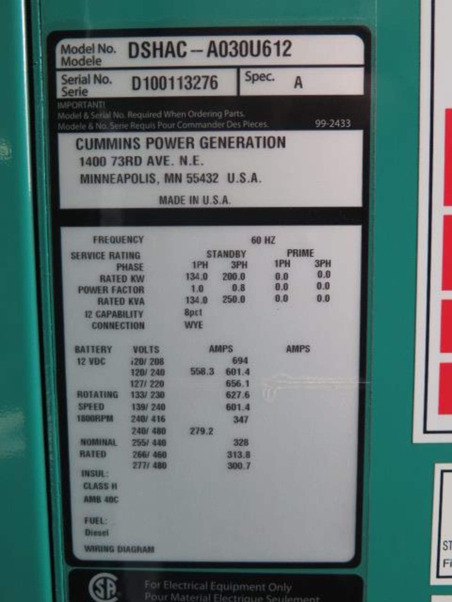 Cummins DSHAC-A030U612 200kW Diesel Gen s/n D100113276, Approx 120 Hours, Dig Controls, SOLD AS IS - Image 11 of 12