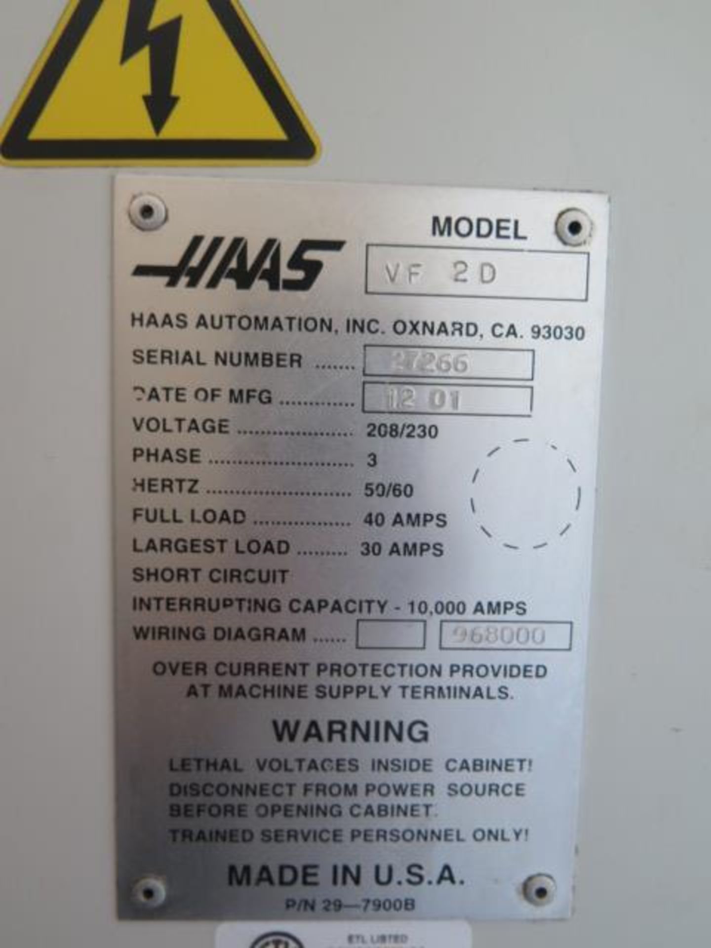 2001 Haas VF-2D 5-Axis Capable CNC VMC s/n 27266 w/ Haas Controls, 20 ATC, SOLD AS IS - Image 14 of 14