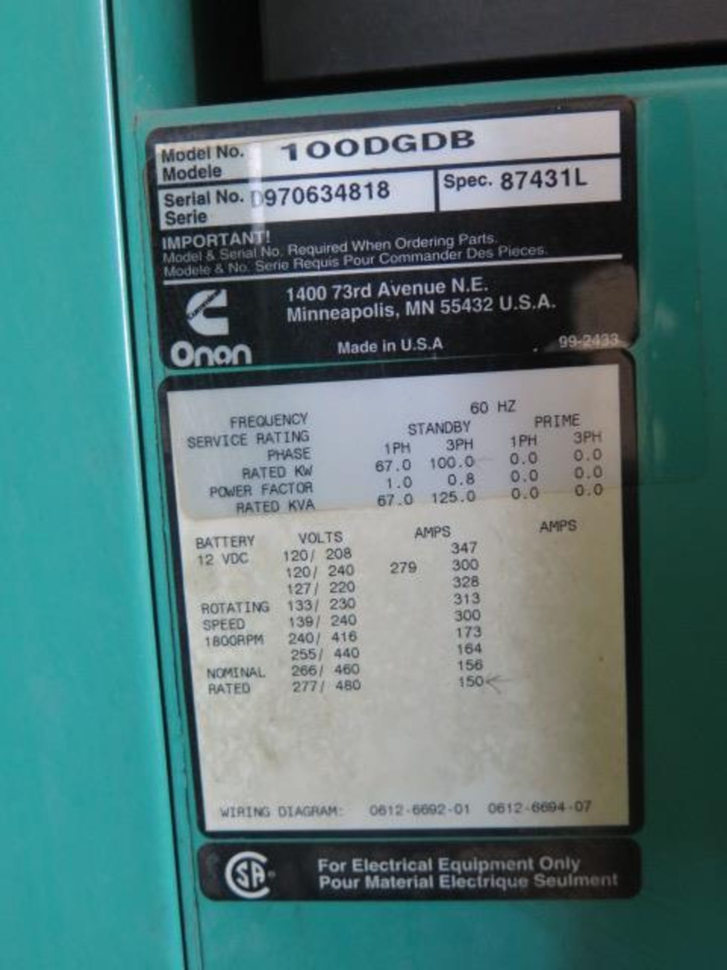 Onan 100 DGDB 100kW Diesel Generator s/n D970634818 w/ Cummins Diesel Engine 225 Hours SOLD AS-IS - Image 9 of 9