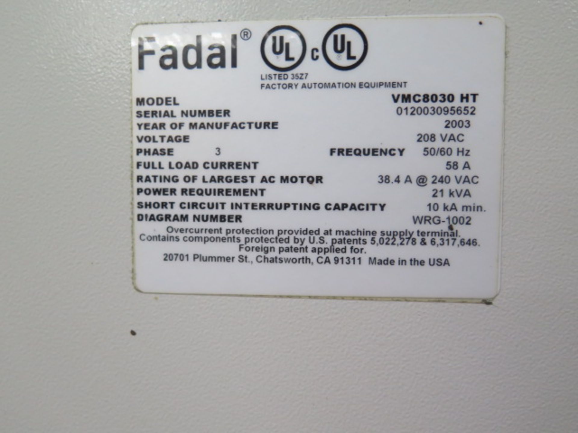 2003 Fadal VMC 8030HT CNC VMC s/n 012003095652 w/ Fadal Multi Processor CNC Control, SOLD AS IS - Image 15 of 15