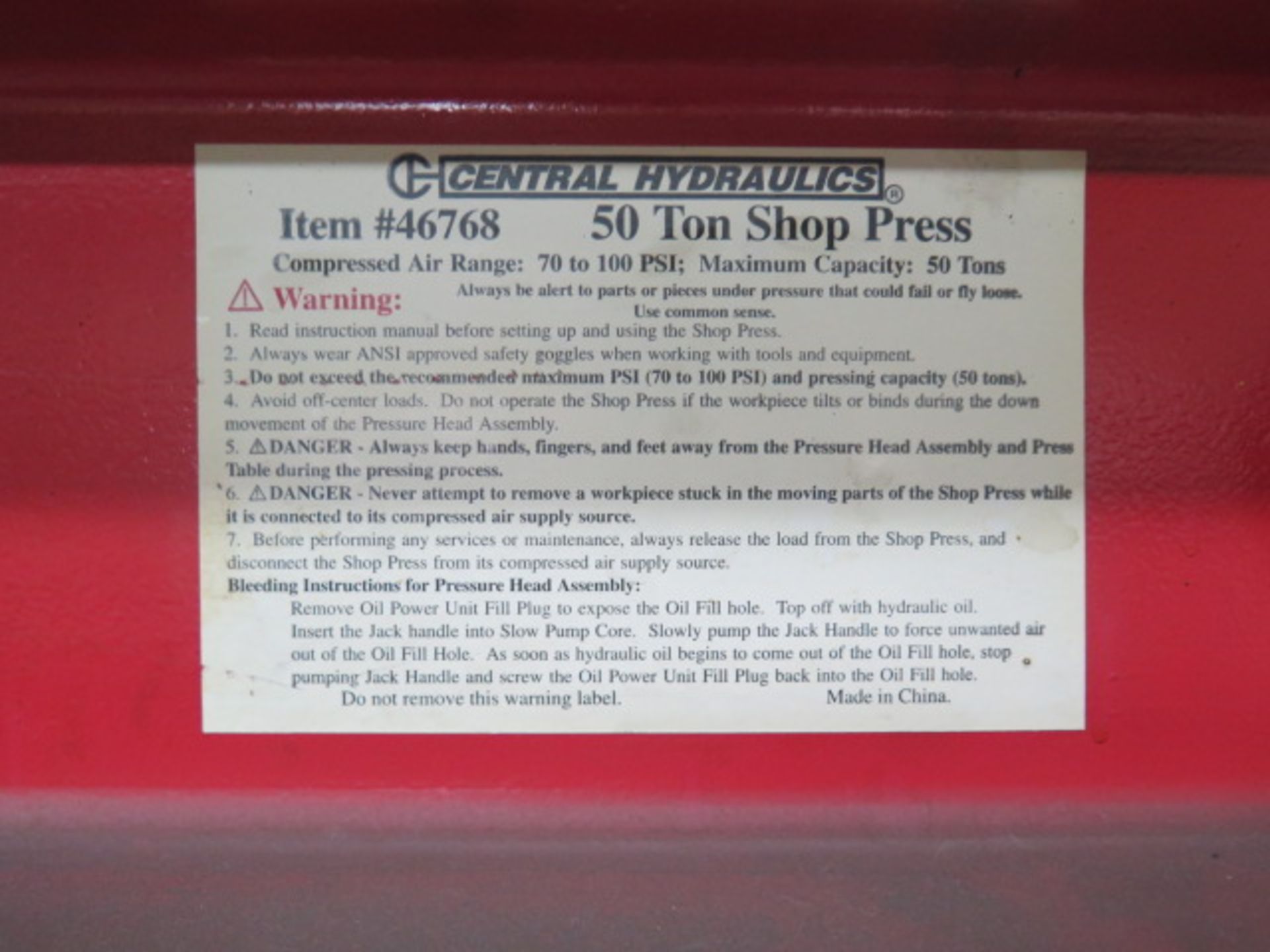 Central Hydraulics 50-Ton Air-Over-Hydraulic Hydraulic H-Frame Press (SOLD AS-IS - NO WARRANTY) - Image 6 of 6