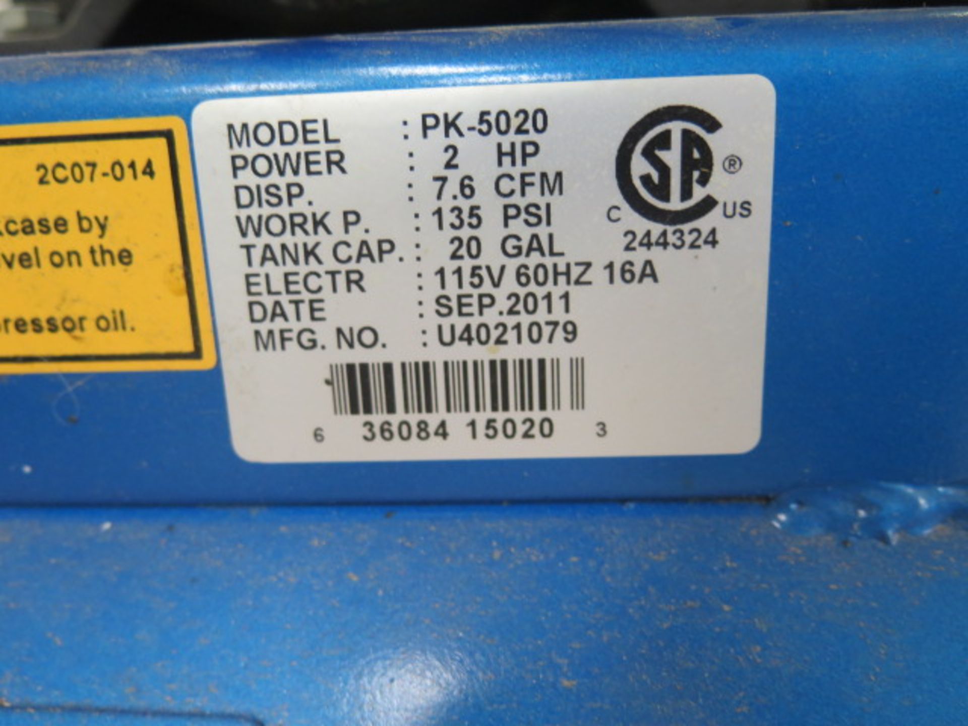 Puma 2Hp Portable Air Compressor w/ 2-Stage Pump, 20 Gallon Tank (SOLD AS-IS - NO WARRANTY) - Image 7 of 7