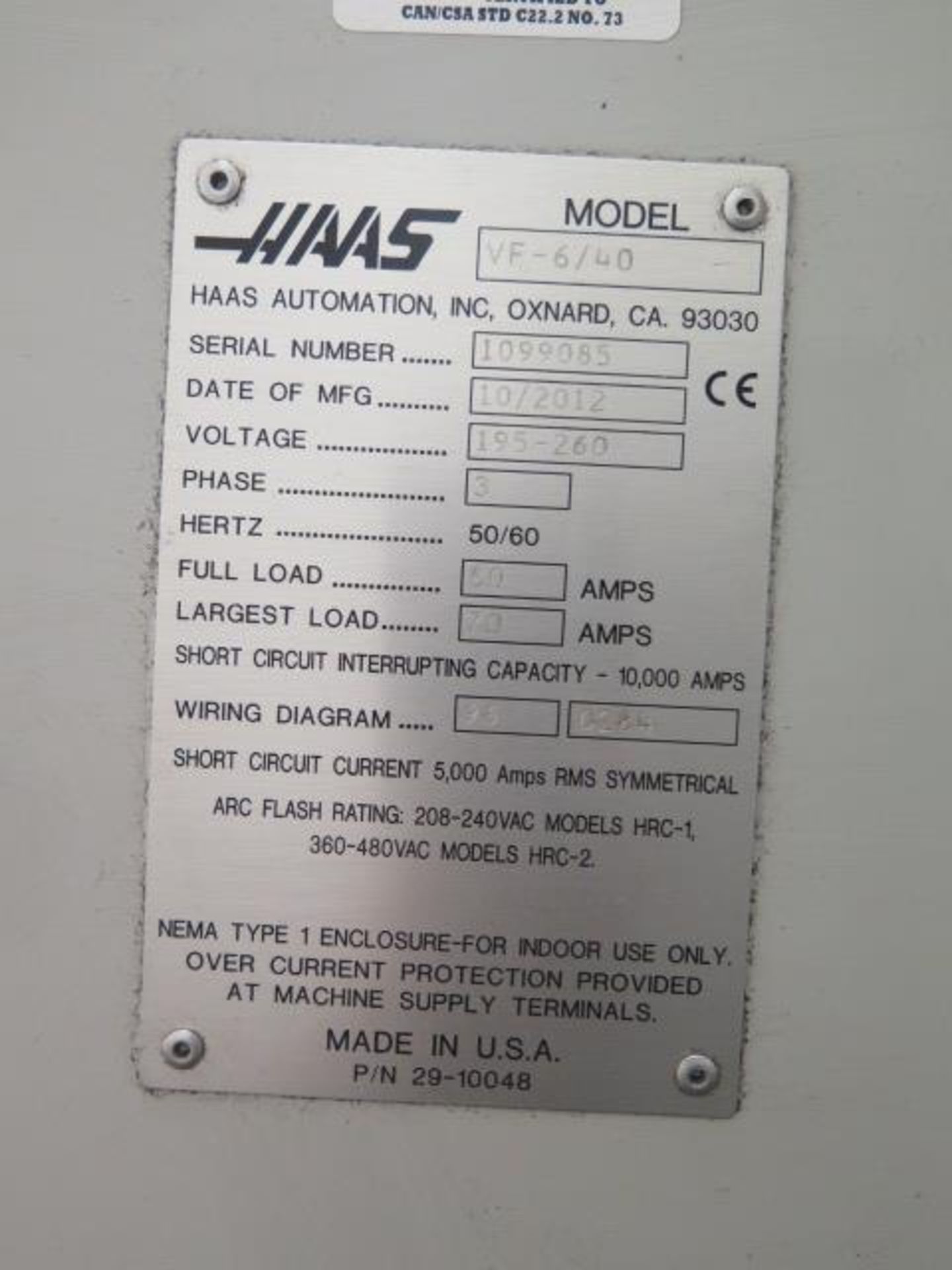 2012 Haas VF-6/40 4-Axis CNC VMC s/n 1099085 w/ Haas Controls, Hand Wheel, SOLD AS IS - Image 19 of 19