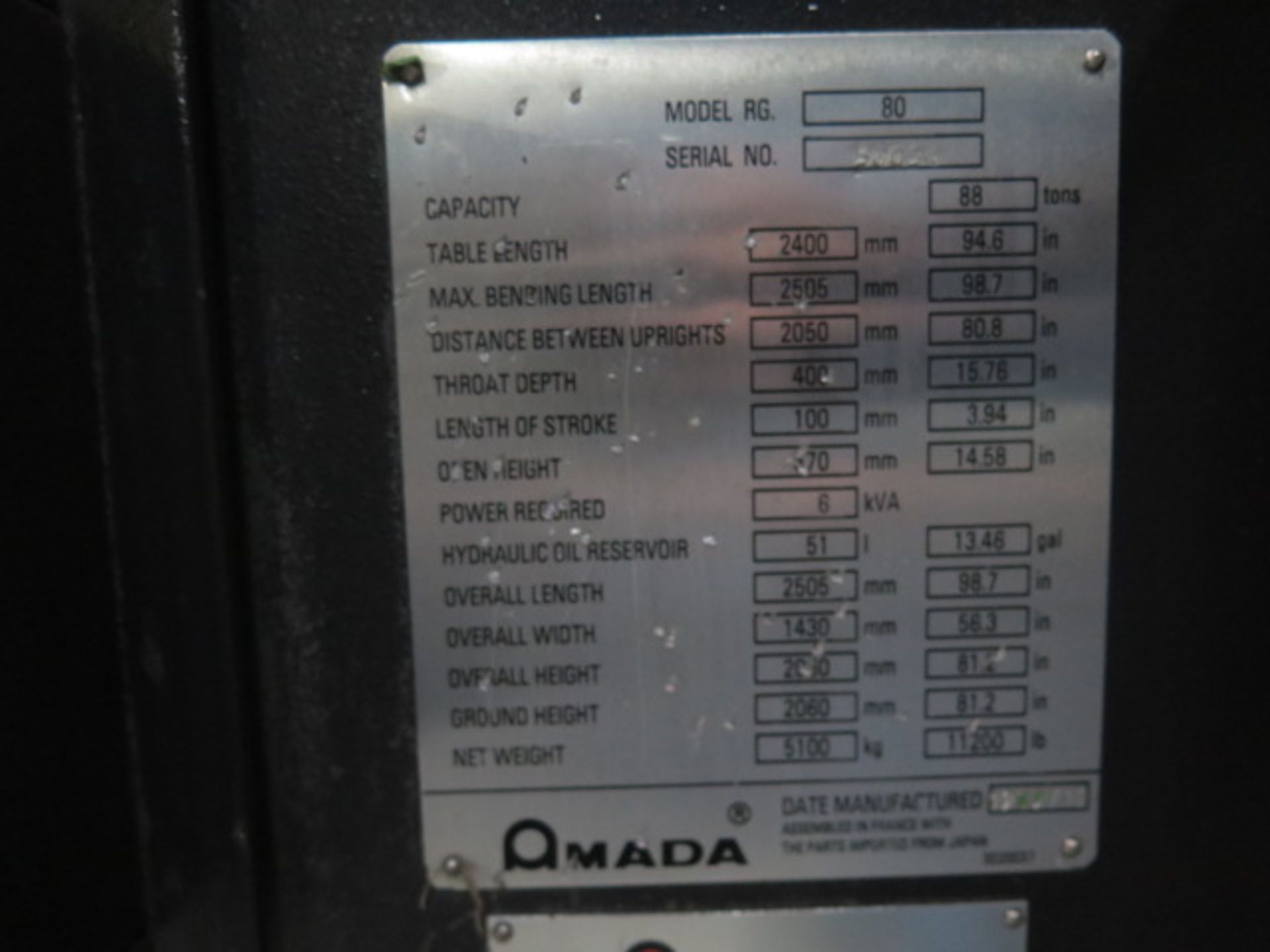 Amada RG-80 88 Ton x 8’ CNC Press Brake s/n 50034 w/ Amada NC9-EX II Controls, SOLD AS IS - Image 14 of 15
