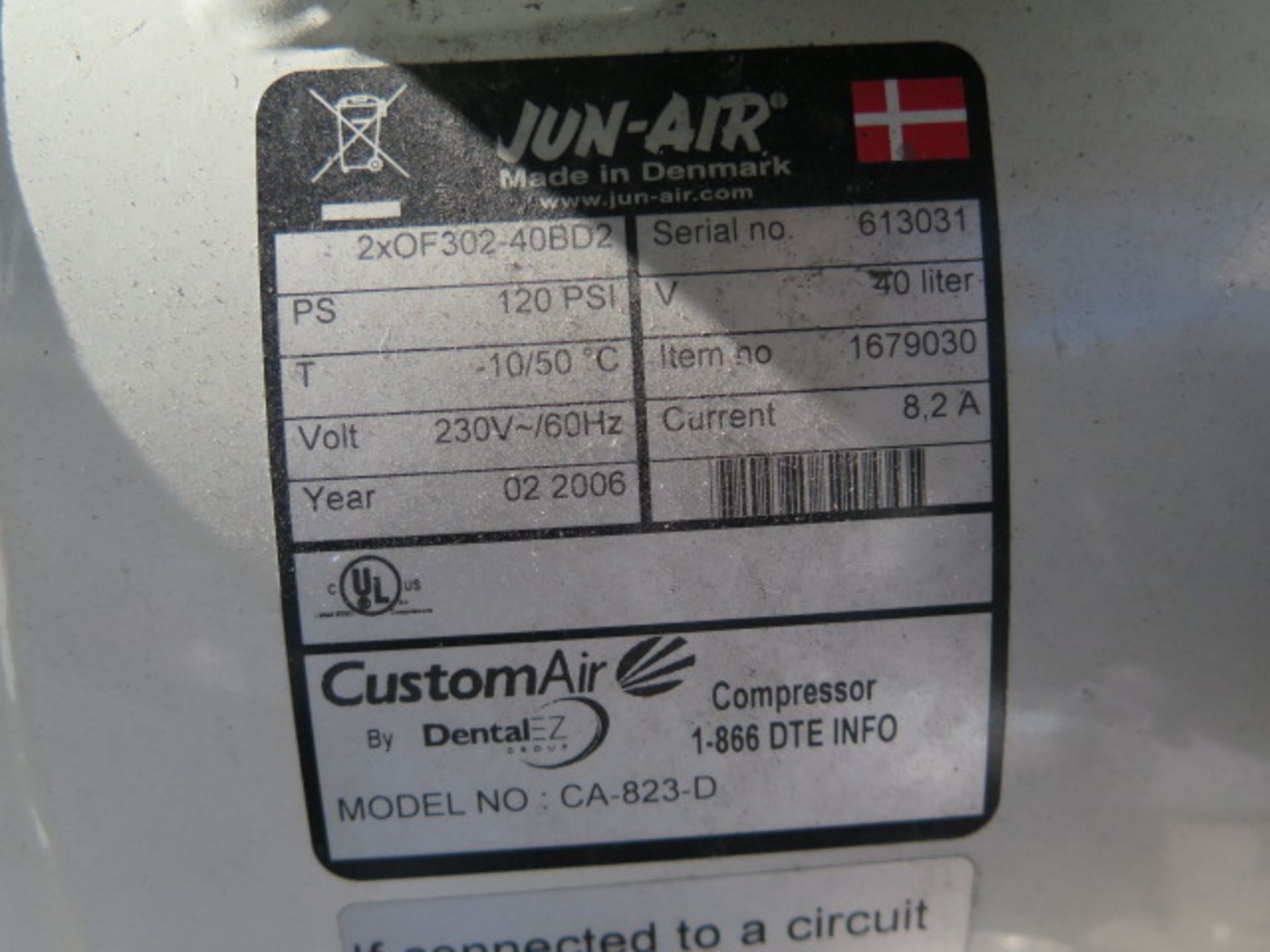 2006 Jun-Air (Dental EZ / CustomAir) mdl. CA-823-D Dual Pump Air Comp s/n 613031 w/ Tank, SOLD AS IS - Image 6 of 6