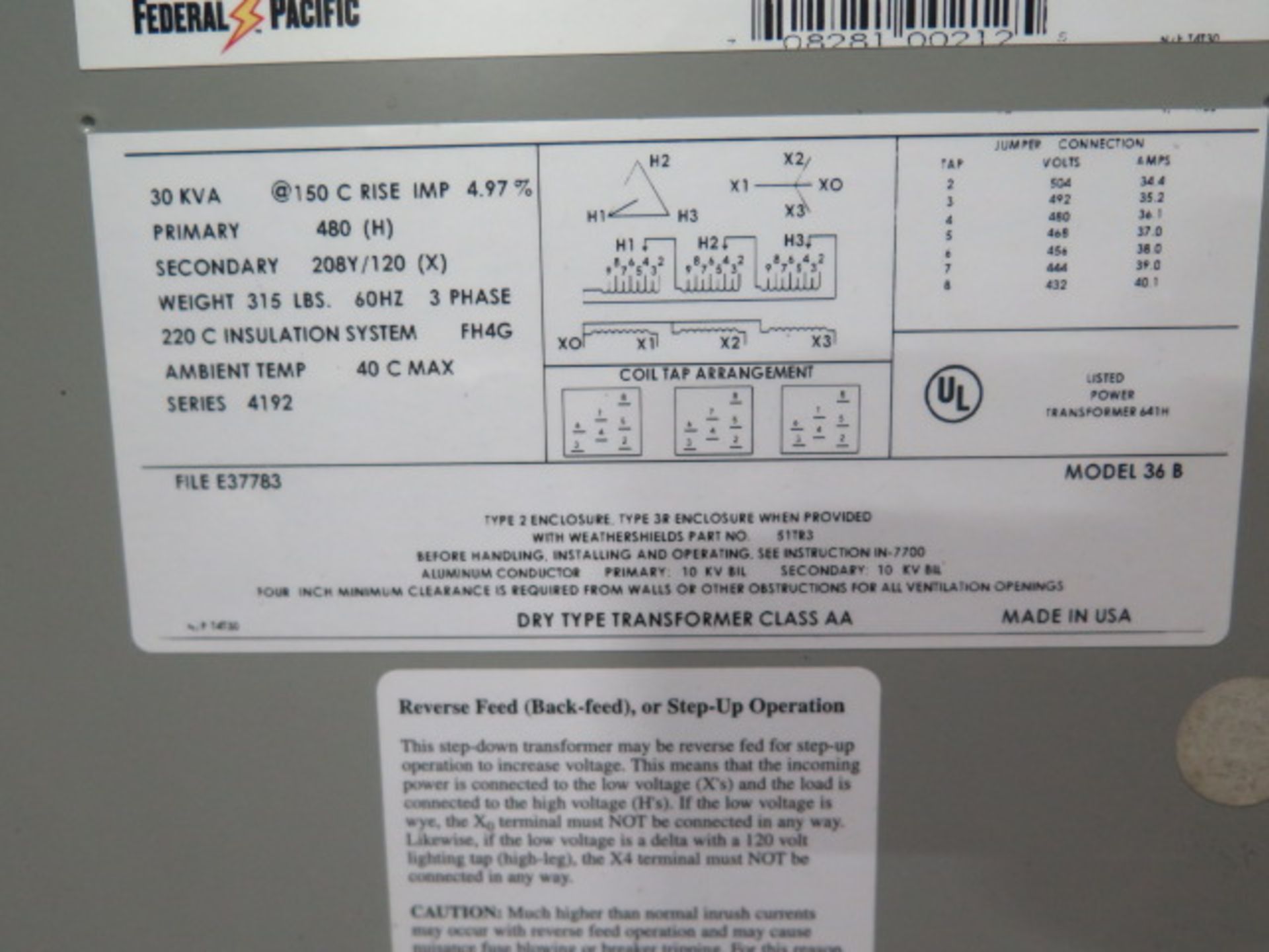 Federal Pacific 30kVA Transformer 480-208Y/120 (SOLD AS-IS - NO WARRANTY) - Image 4 of 4