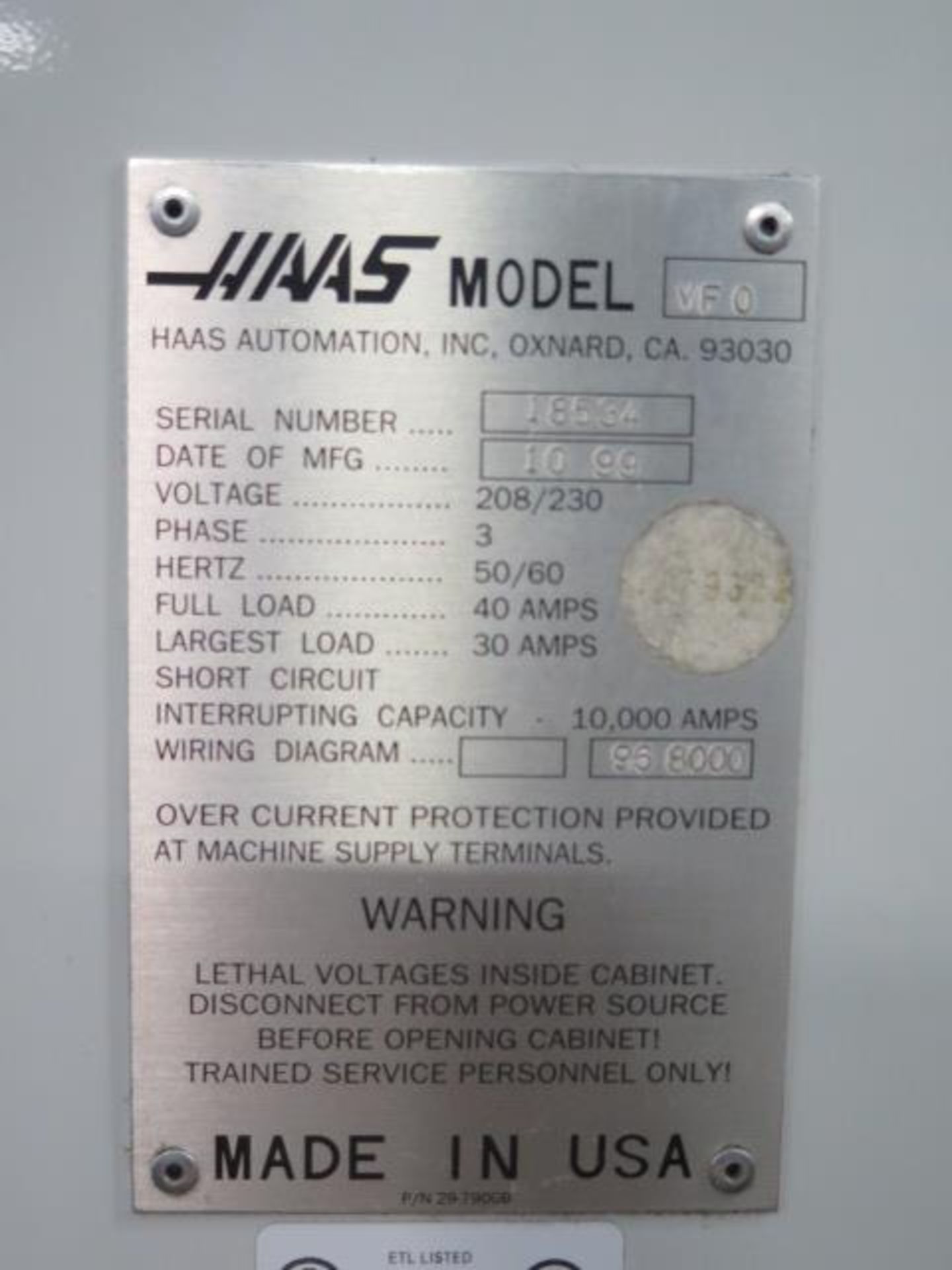 1999 Haas VF-0 CNC Vertical Machining Center s/n 18534 w/ Haas Controls, 20-Station ATC, CAT-40 - Image 14 of 14