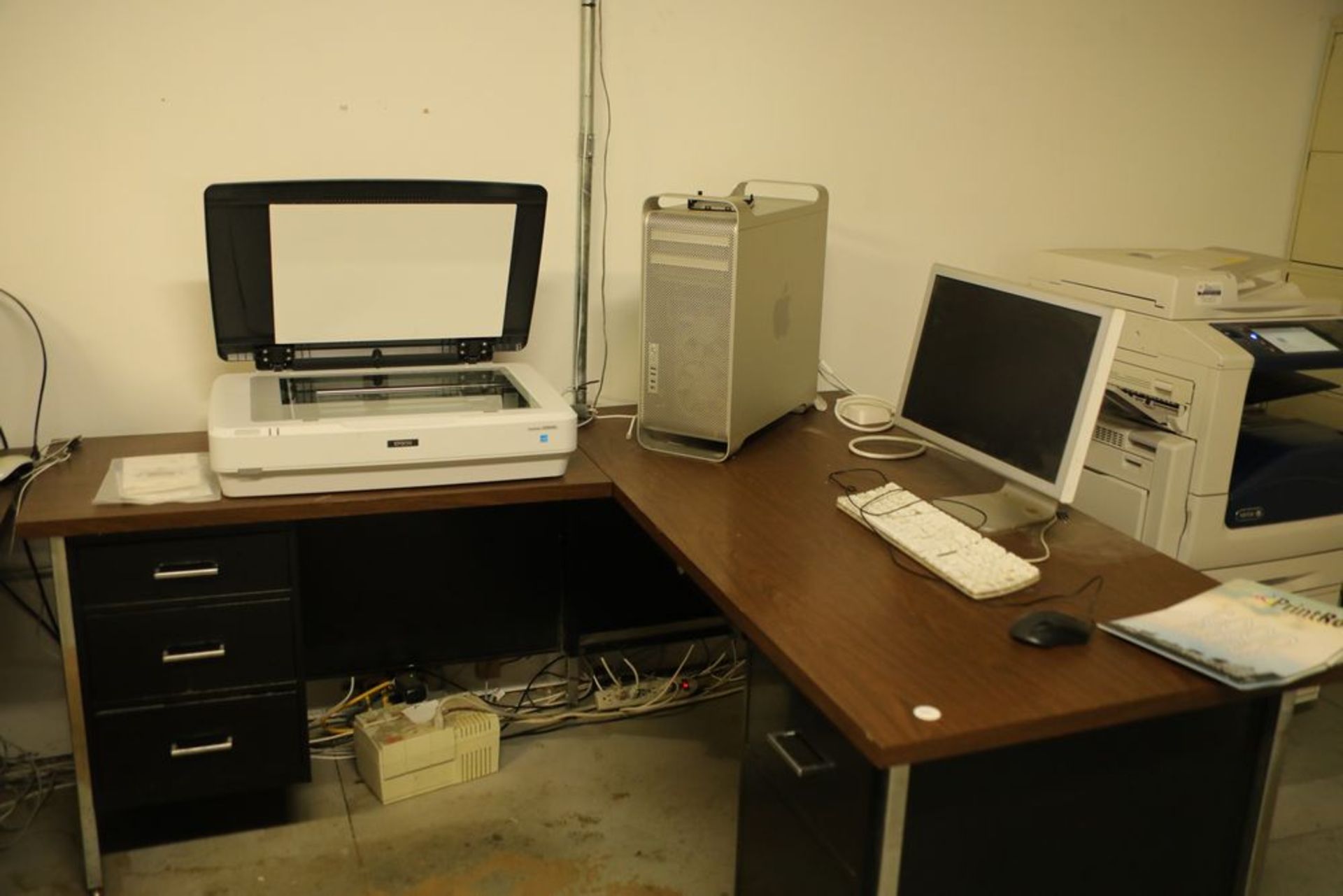Mac computer with scanner, desk and chair.