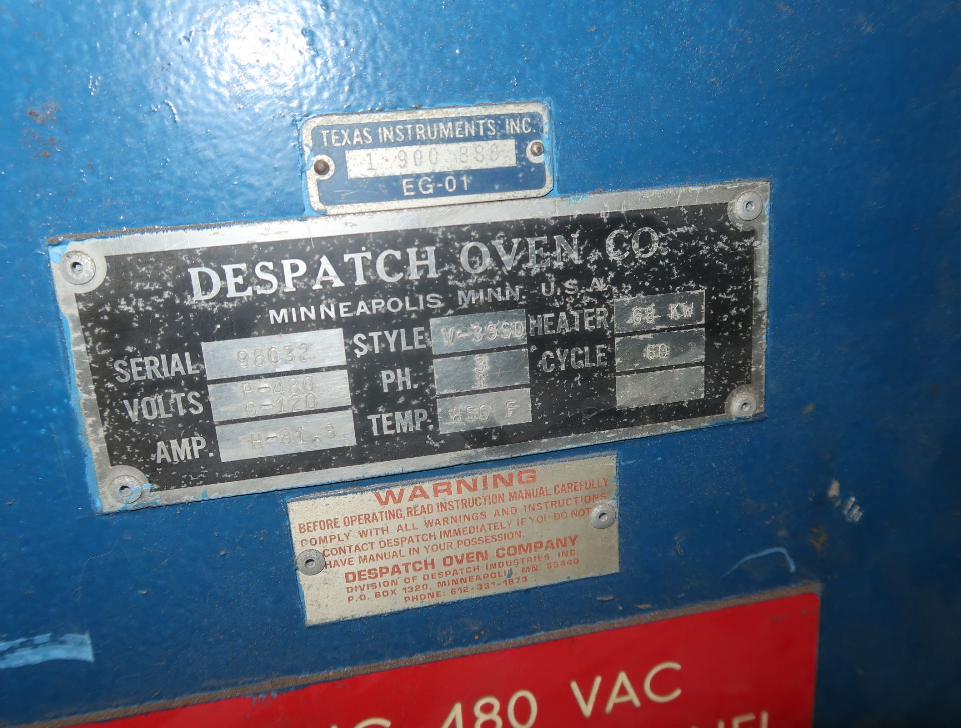 DESPATCH V-395D OVEN, 850 DEGREE, 51" X 46" X 62" INSIDE AREA, SN. 98032, 480V 3PH - Image 2 of 4